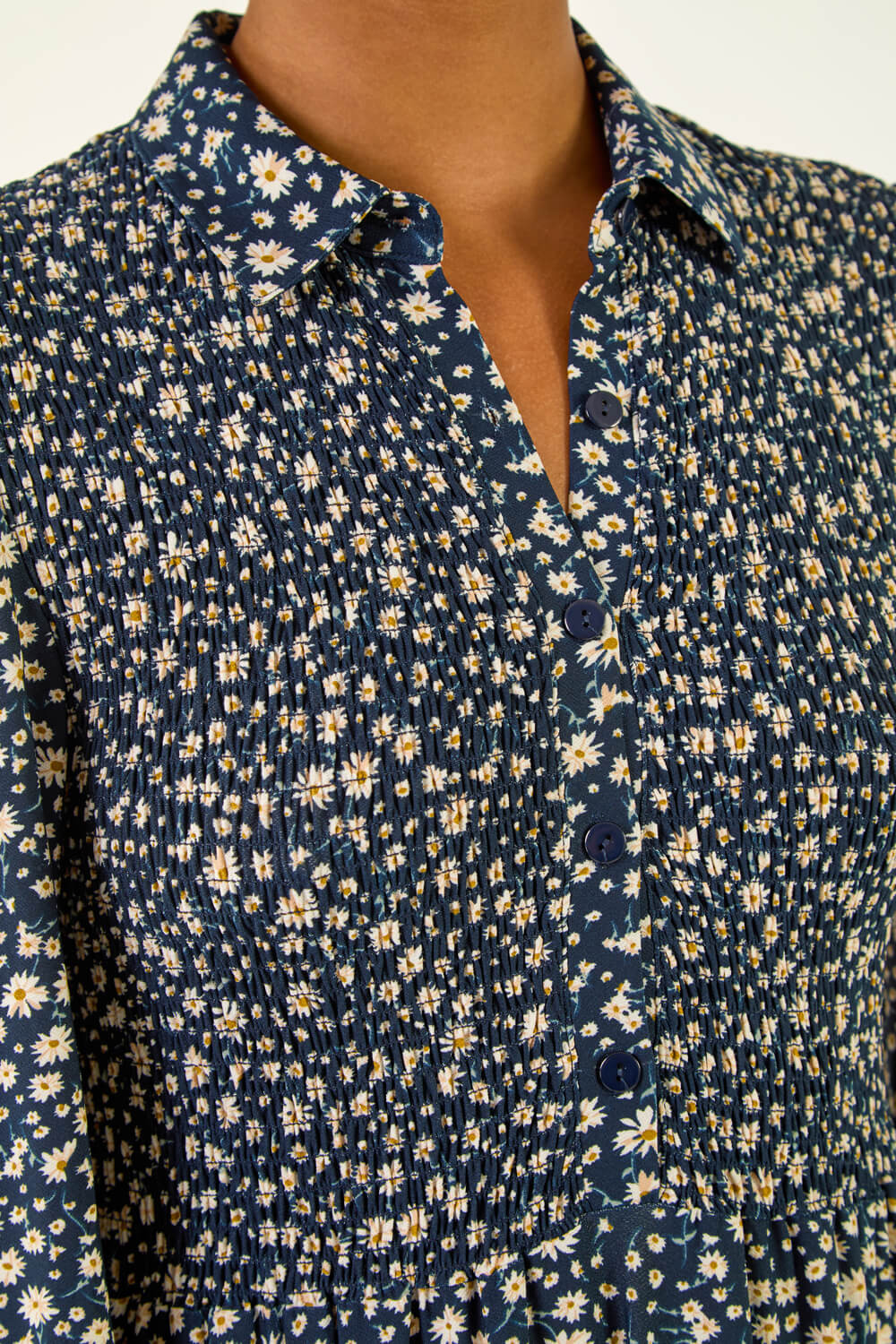 Navy  Ditsy Floral Print Shirred Midi Dress, Image 6 of 5