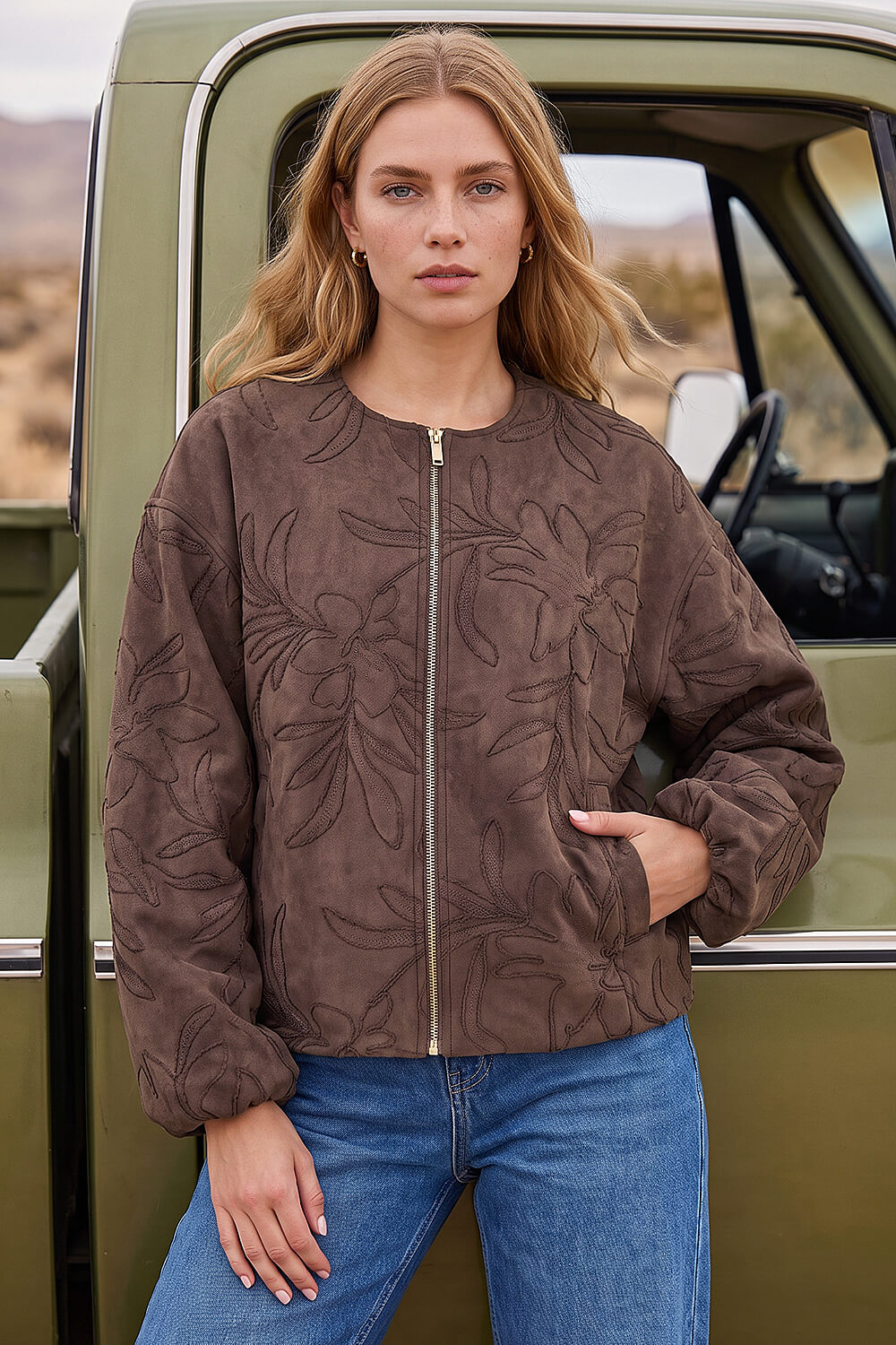 Roman Women's Brown Embroidered Bomber Jacket Size 12