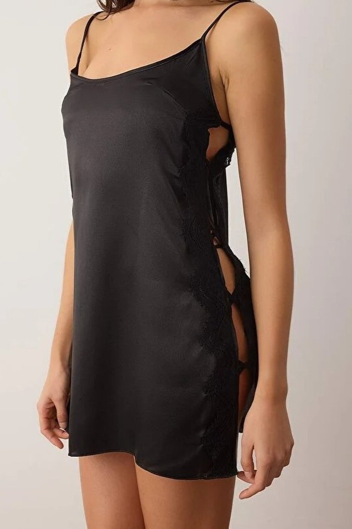 Black WOVCOR Black Lace Side Panel Satin Strappy Mini Nightdress, Image 2 of 3