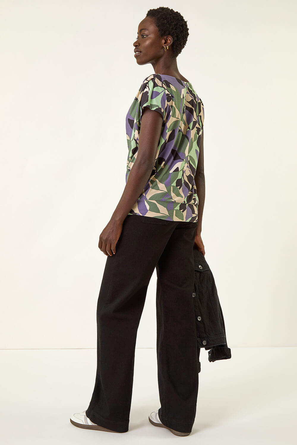 Green Geometric Leaf Print Cowl Neck Top, Image 3 of 4