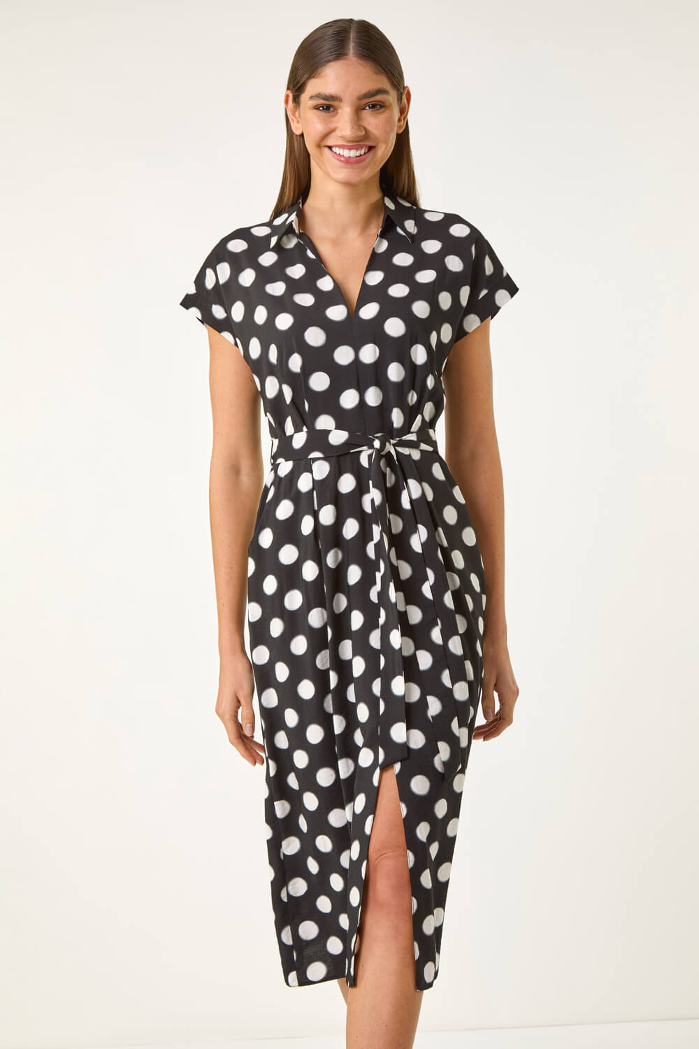 Black Polka Dot Belted Midi Dress, Image 3 of 5