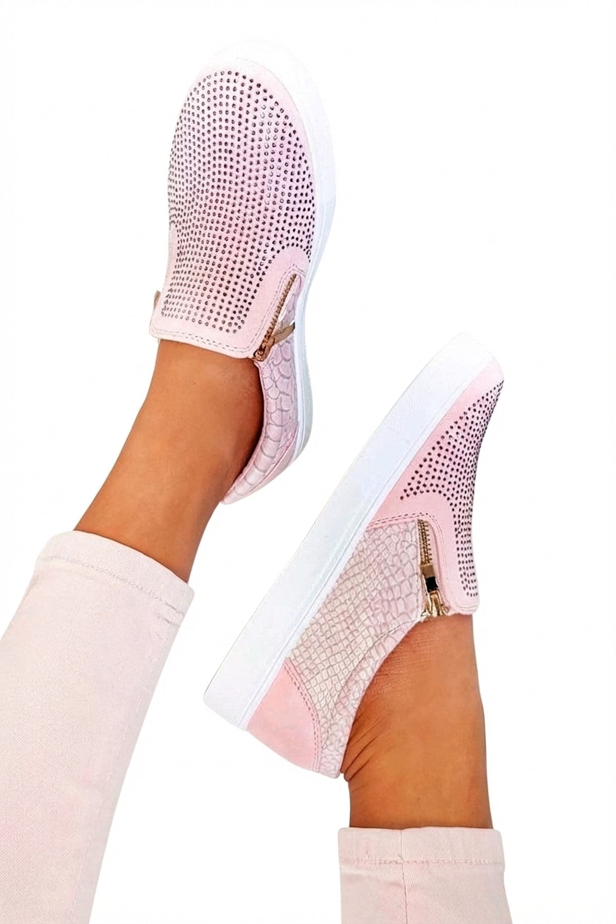 Pink Leah Crystal Suede Zip Pumps Trainers