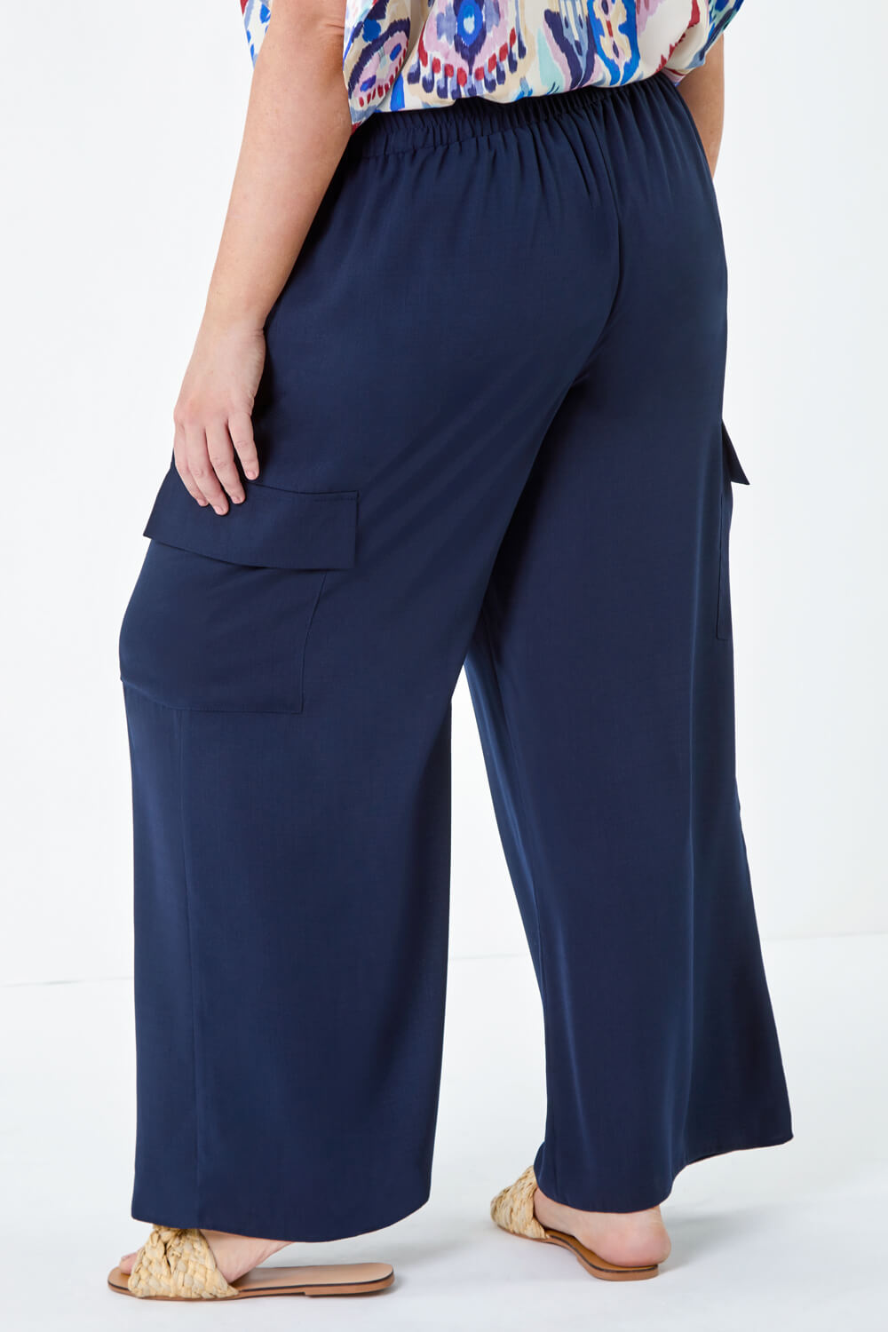Navy Curve Linen Look Wide Leg Trousers, Image 4 of 5