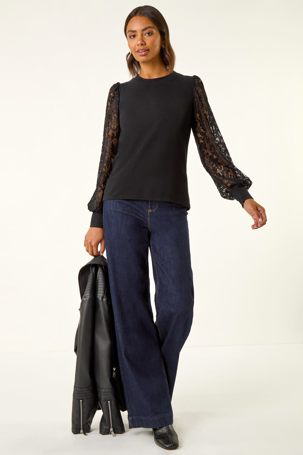 Black Lace Sleeve Detail Stretch Top, Image 4 of 5