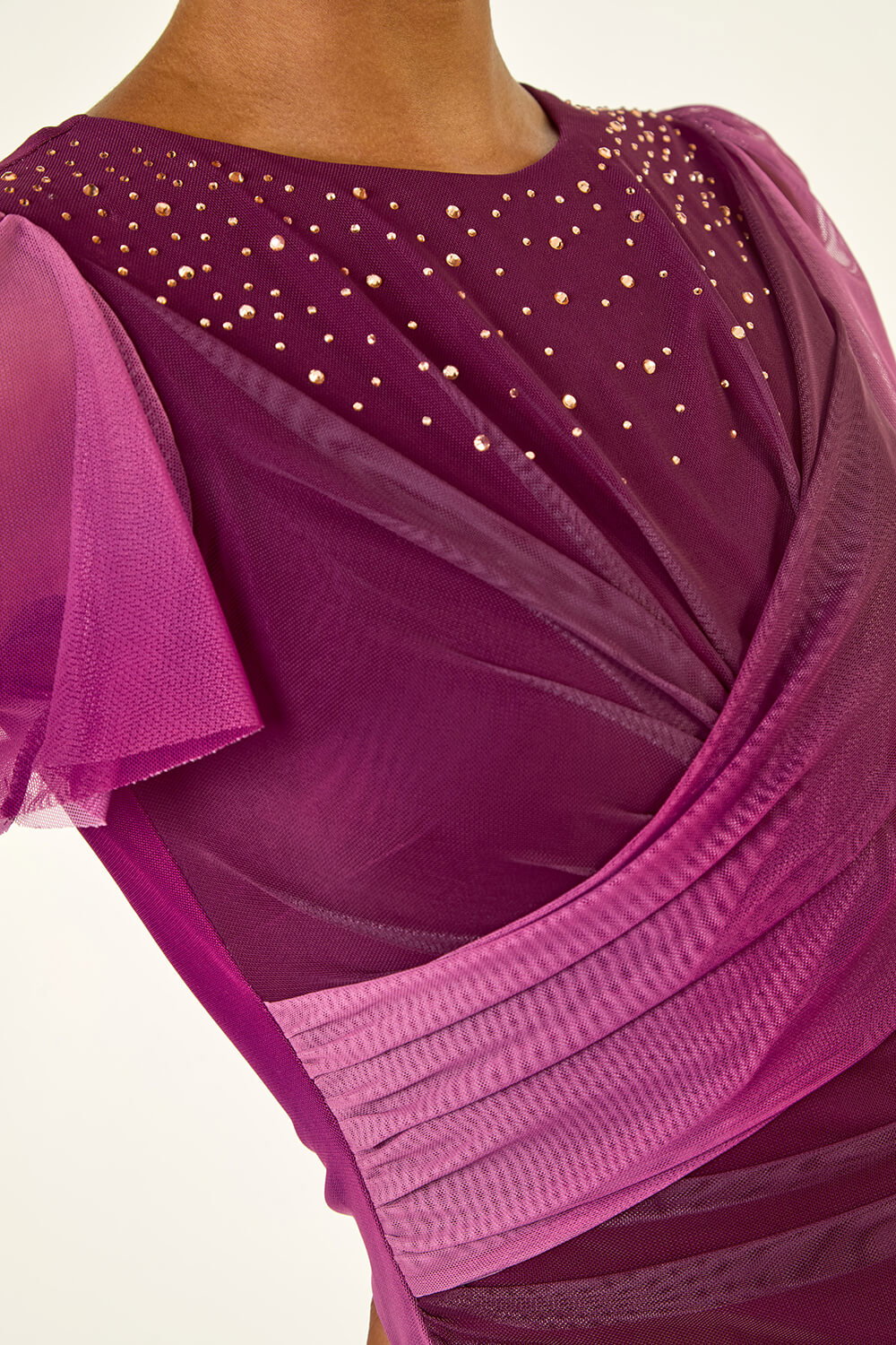 Wine Embellished Ombre Mesh Midi Dress, Image 6 of 5