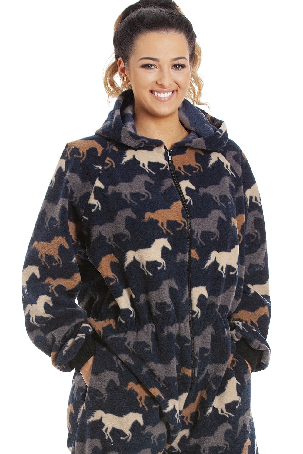 Navy Camille Lingerie Navy Supersoft Multicoloured Horse Print Onesie, Image 3 of 5