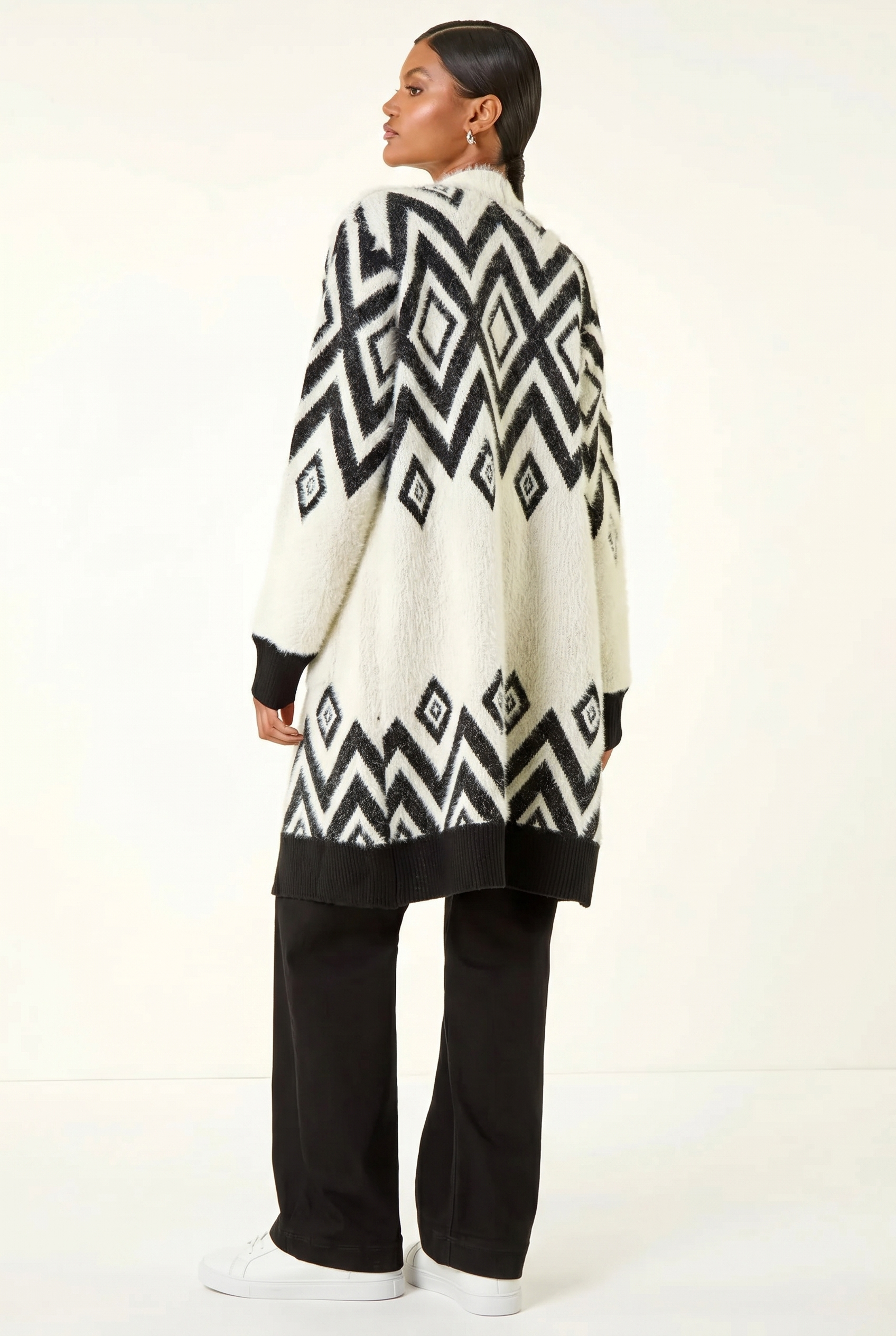 Black Argyle Longline Knit Cardigan, Image 3 of 5