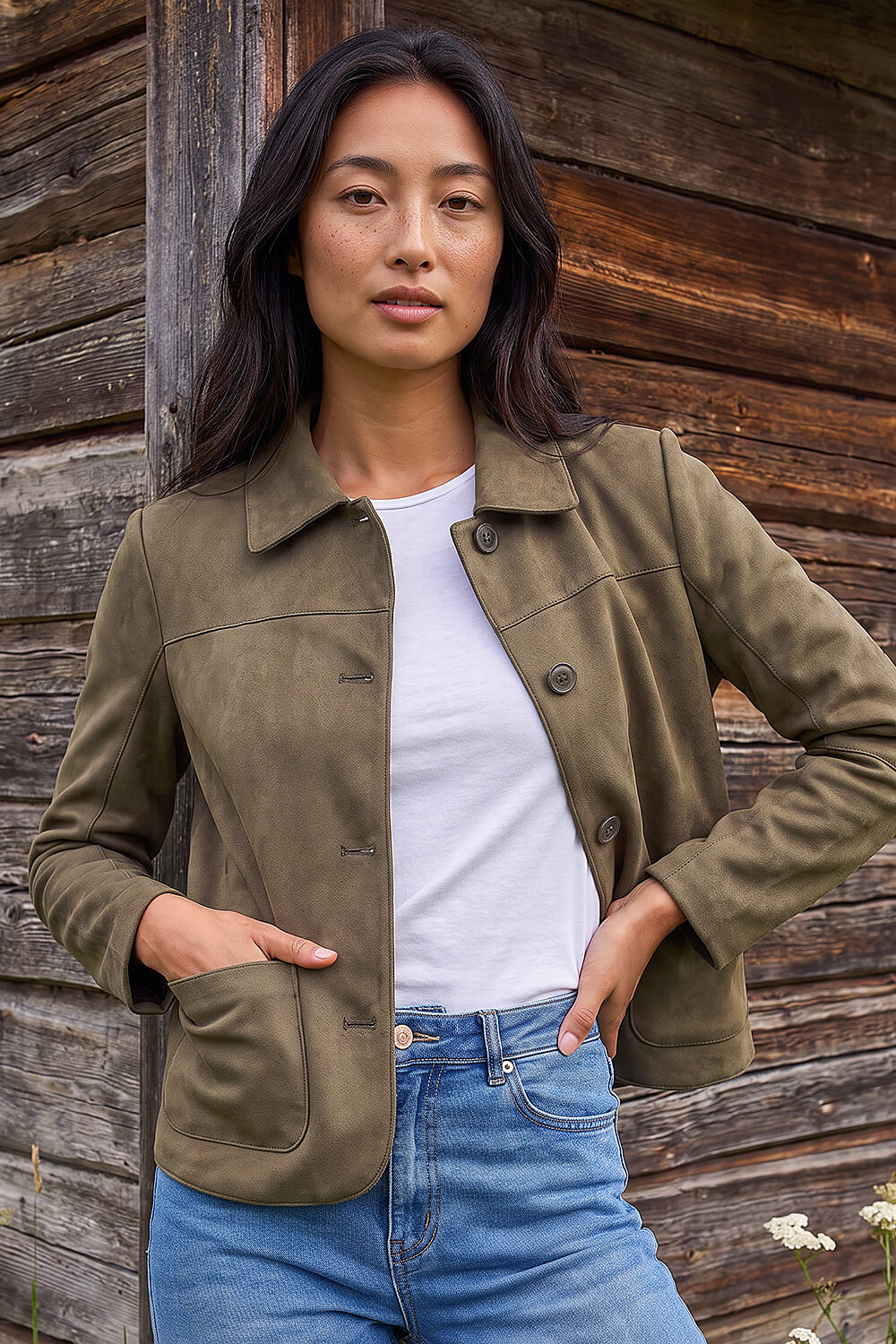 Roman Petite Women's Khaki Faux Suede Jacket Size 12