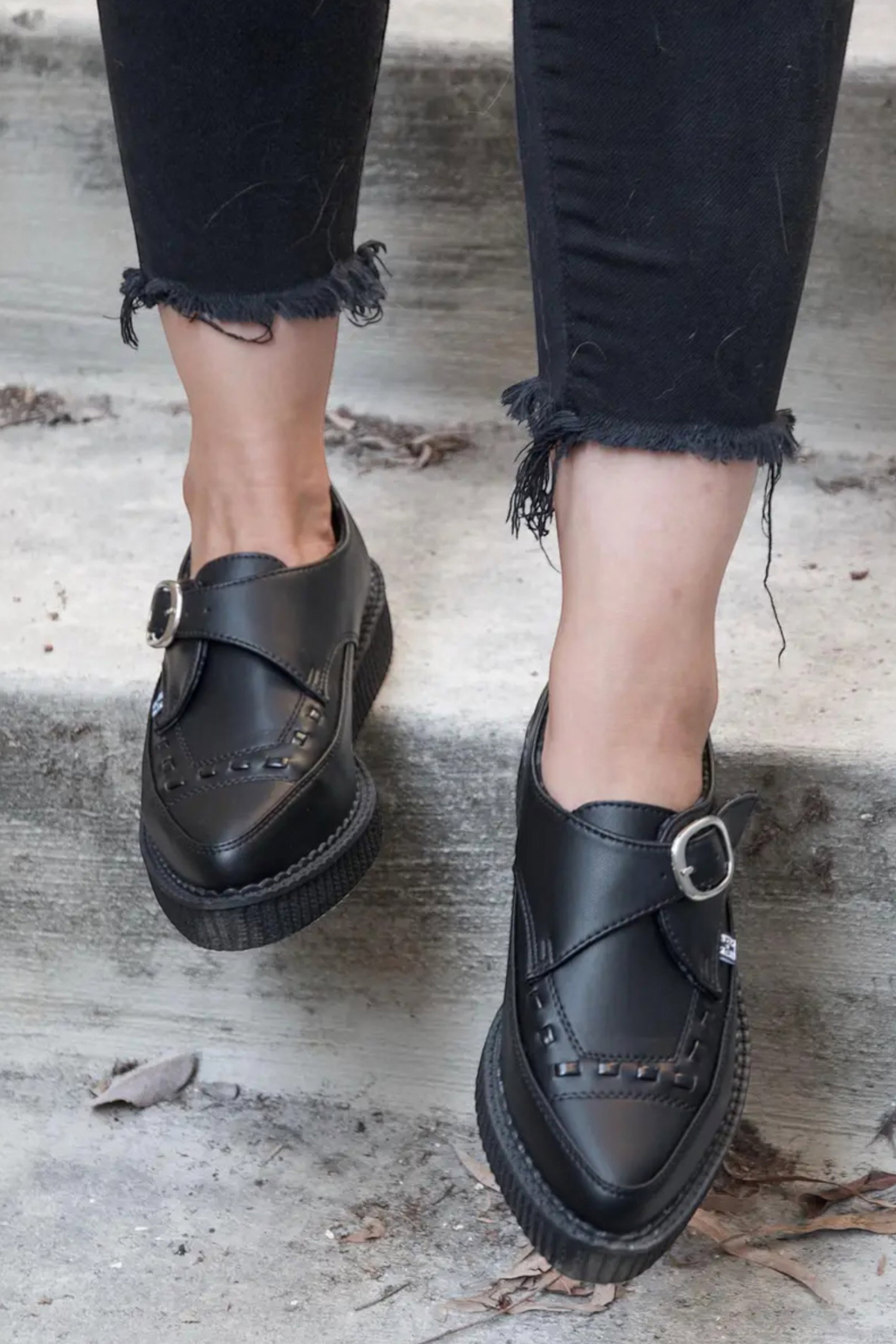 Black TUK Footwear Black Pointed Creeper Leather Monk Shoes, Image 8 of 8