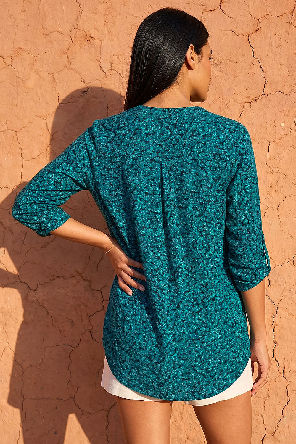 Teal Leaf Print Button Detail Shirt, Image 4 of 4