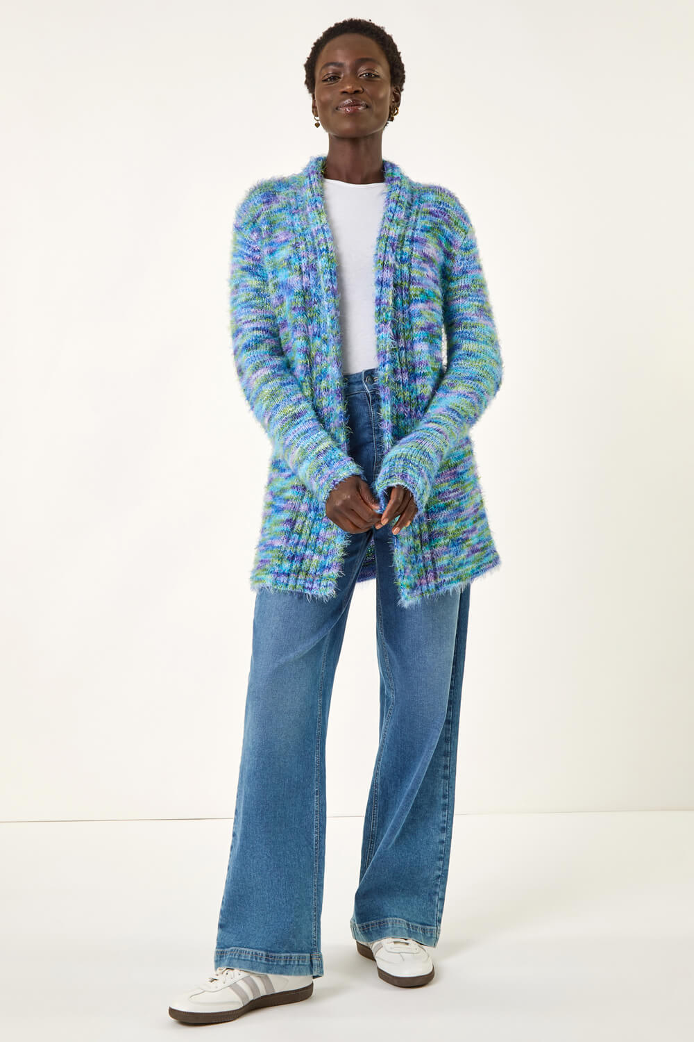 Blue Multi Fluffy Eyelash Knit Cardigan, Image 3 of 5
