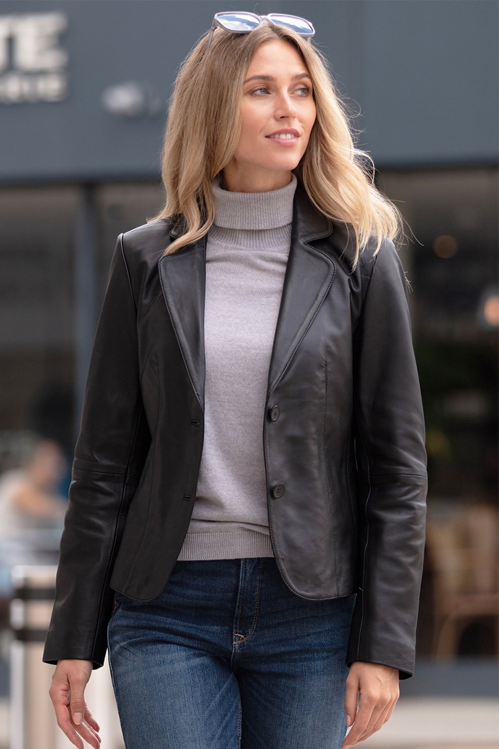 Black 'Angelica' Real Leather Two Button Blazer