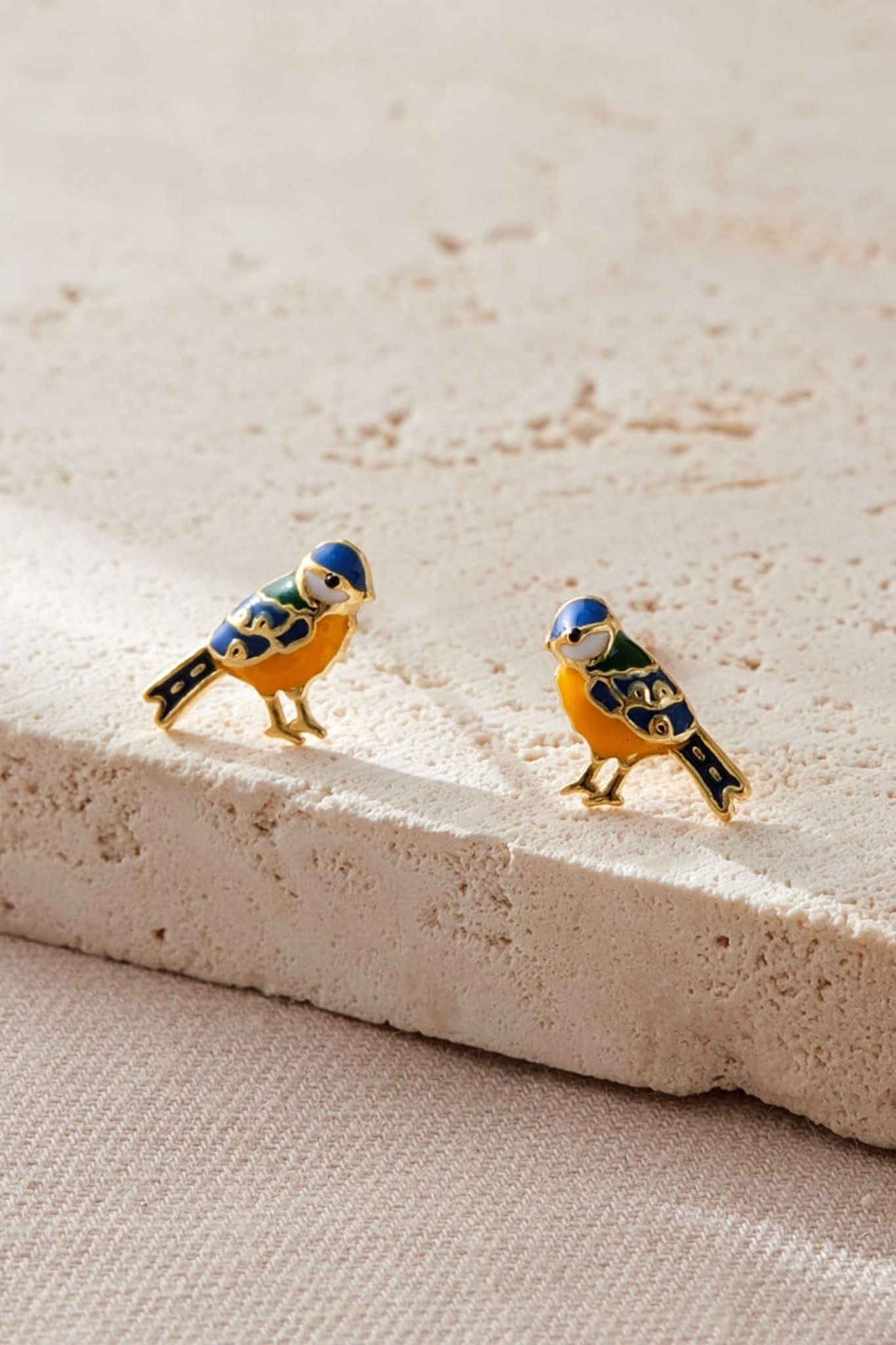 Gold Sterling Silver Blue Tit Bird Stud Earrings, Image 2 of 3