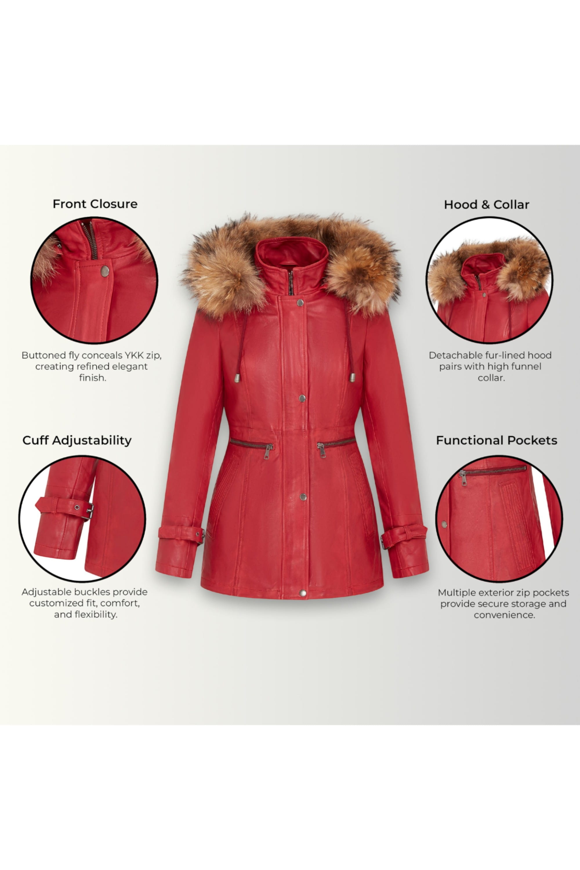 Red Leather Hooded Parka Jacket-Putian, Image 3 of 4