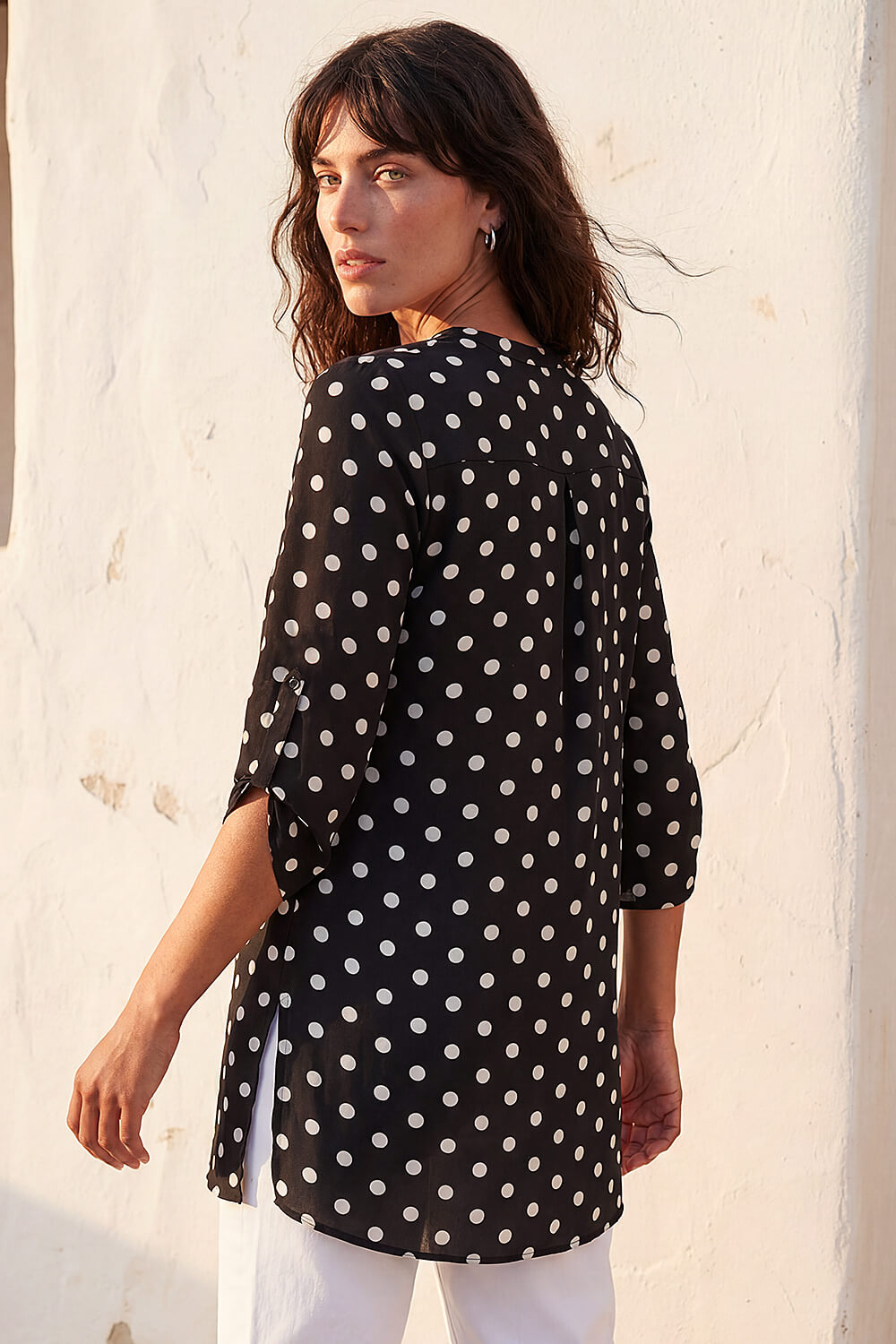 Black Spot Print Longline Buttoned Blouse, Image 4 of 4