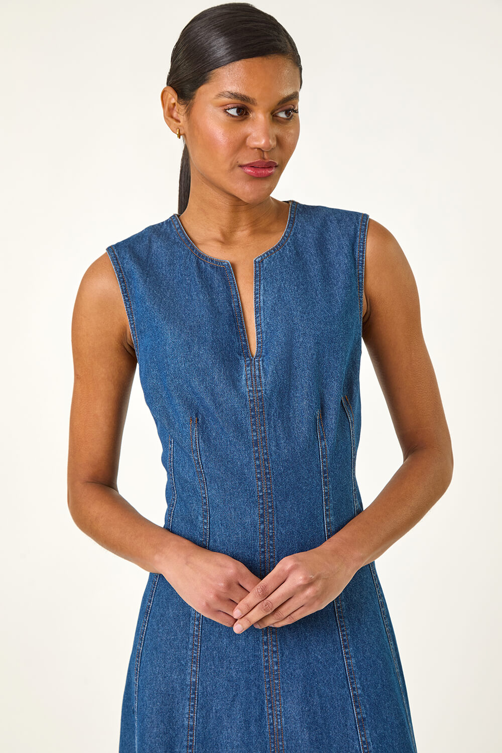 Denim Panel Detail Midi Dress, Image 5 of 7