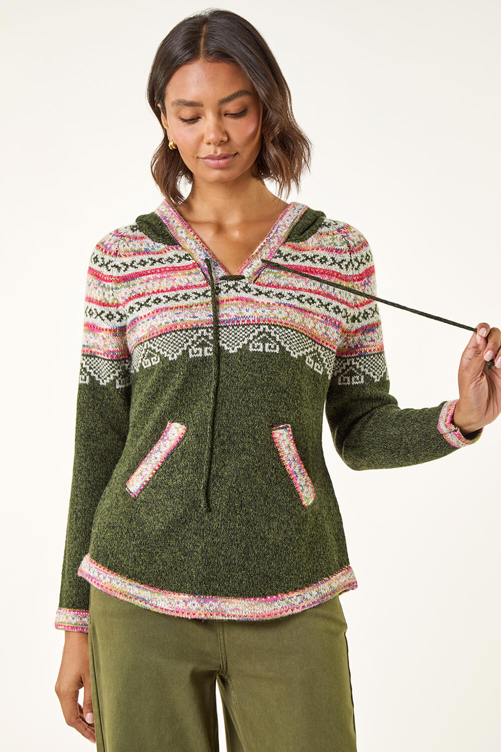 Roman Women's Khaki Nordic Print Hooded Jumper Size 20
