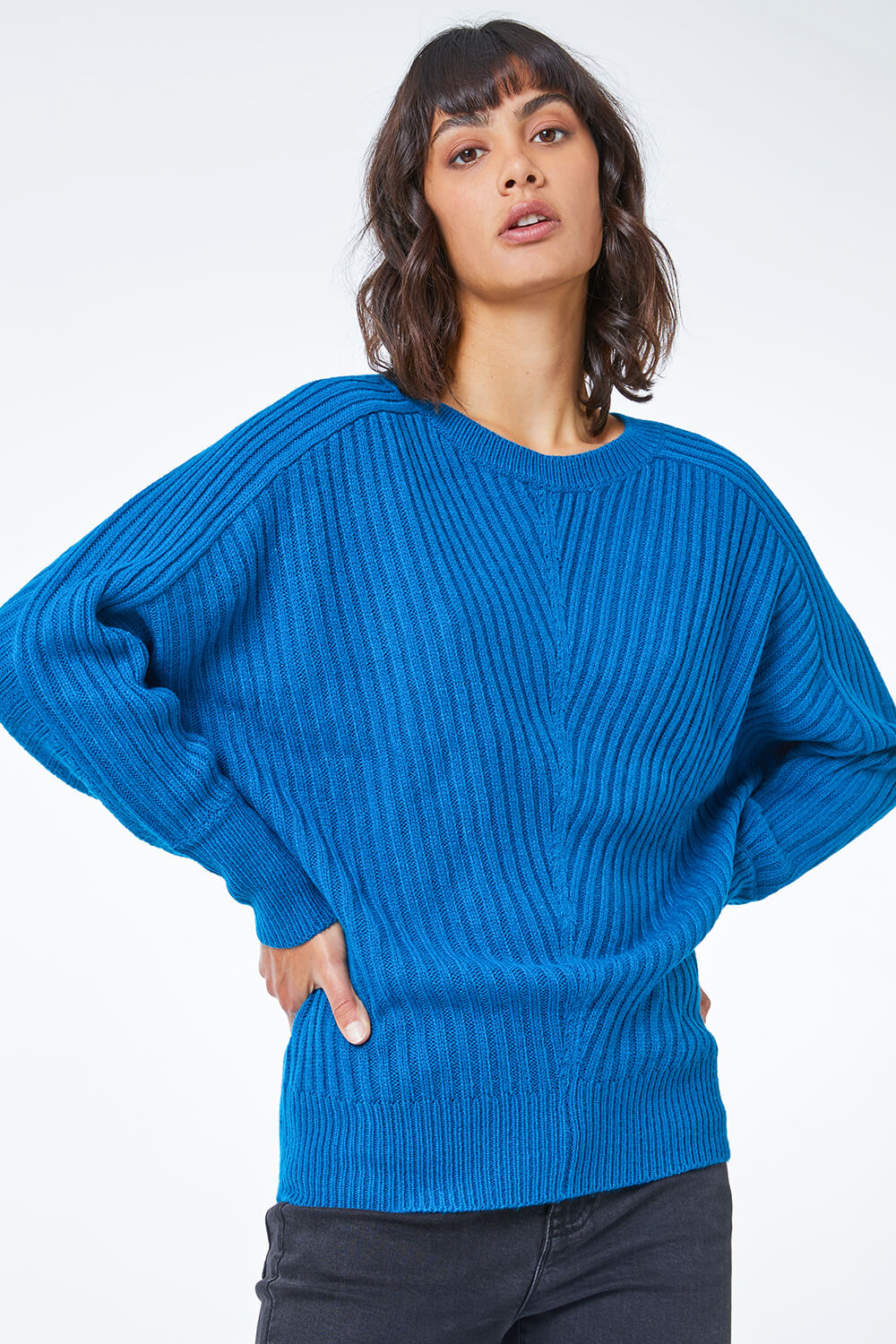 Teal Ribbed Geometric Print Batwing Jumper, Image 3 of 5