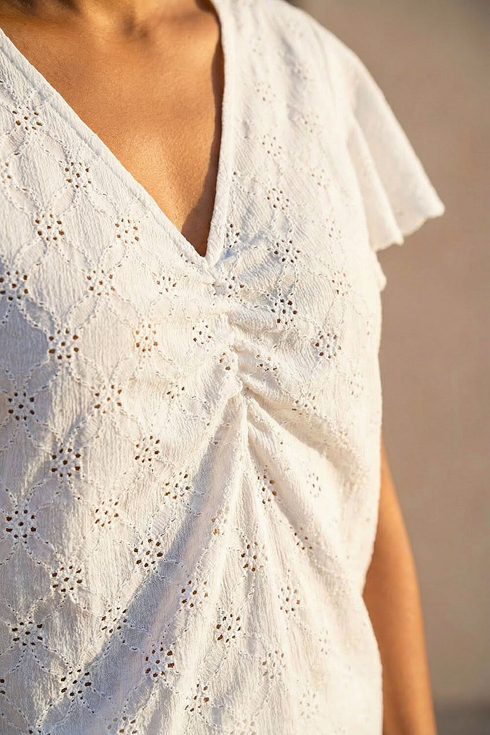 Ivory Broderie Ruched Front Stretch Top, Image 5 of 4