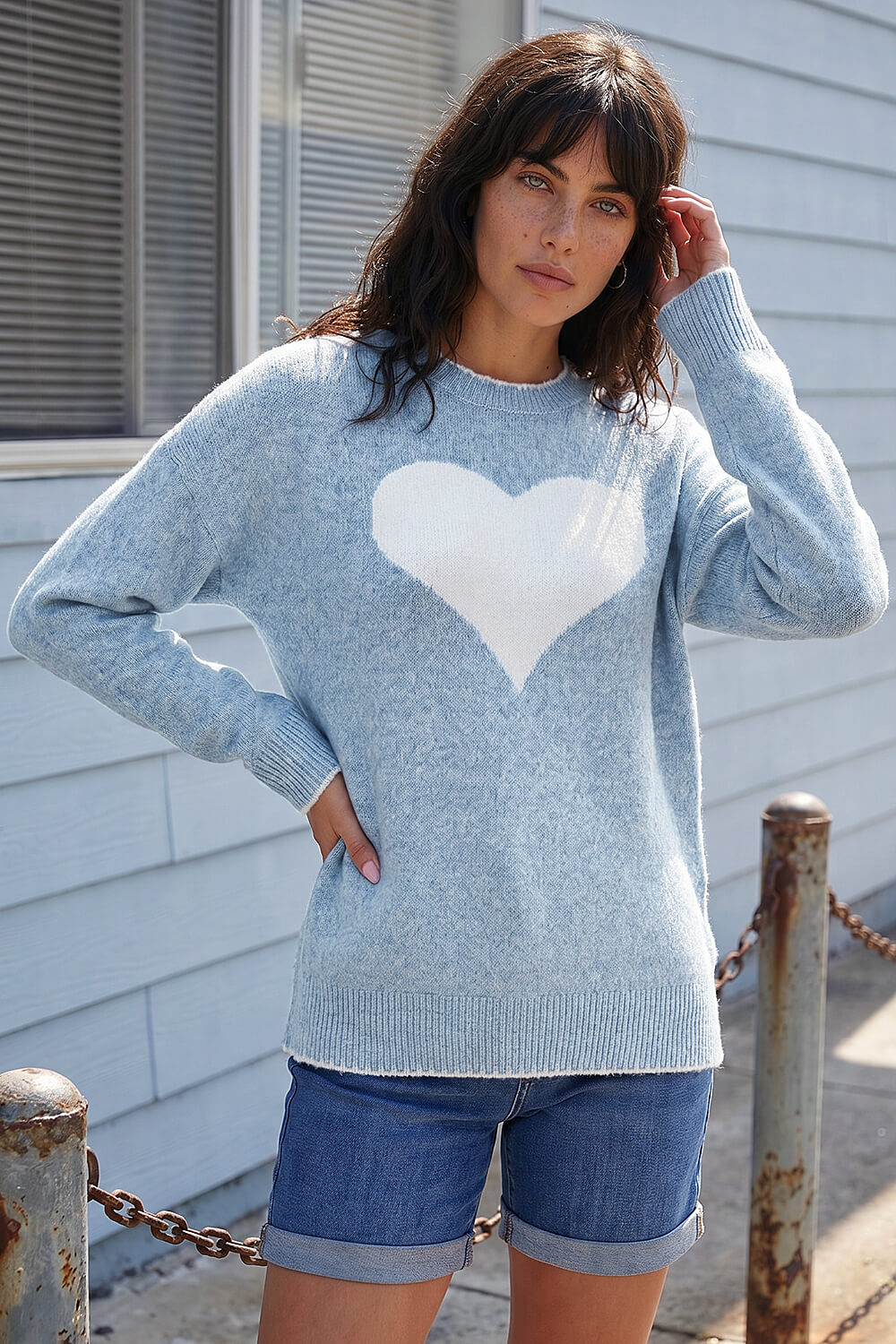 Light Blue Contrast Stitch Heart Jumper, Image 1 of 4