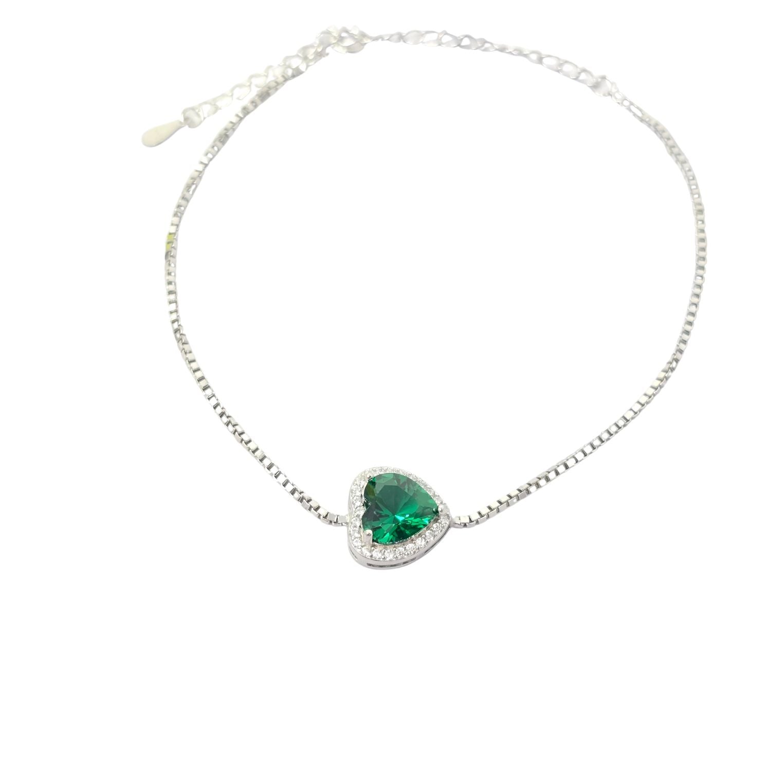 Metallic Emerald May Birthstone Love Heart Charm Sterling Silver Bracelet