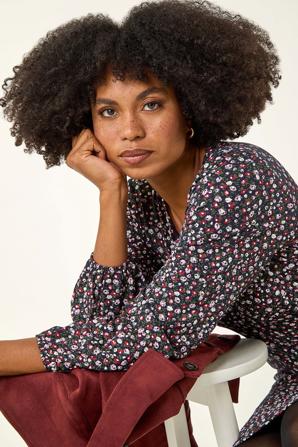 Navy Ditsy Floral Print Stretch Dress, Image 3 of 5