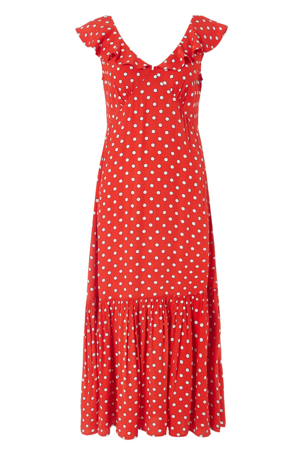 Red Polka Dot Frilly Midi Dress, Image 6 of 5