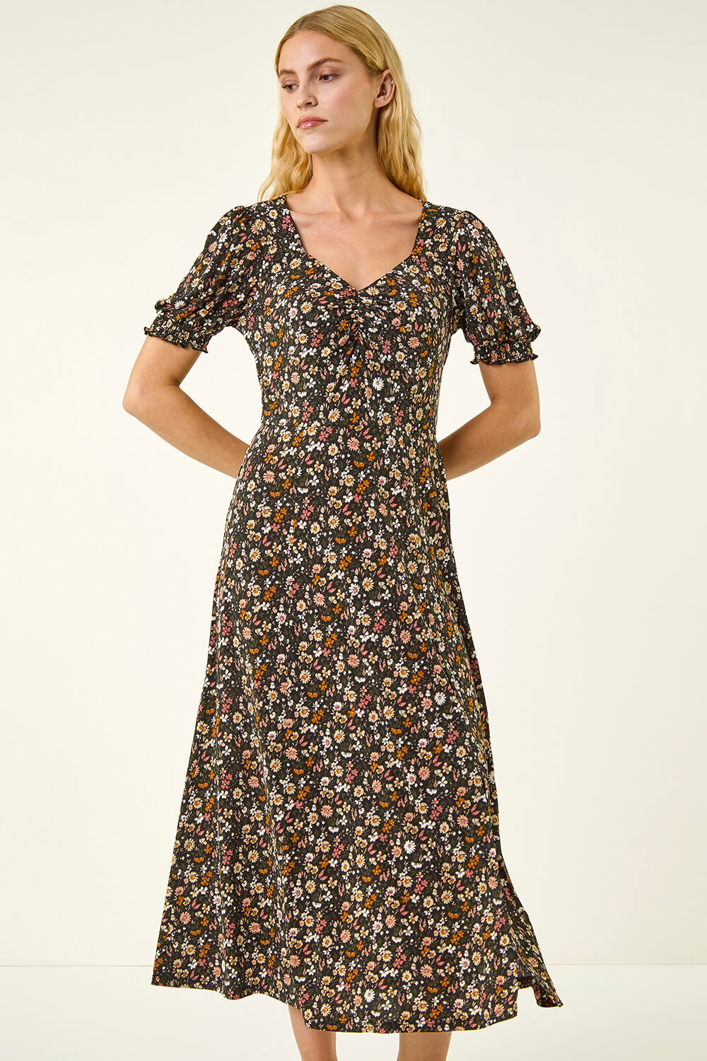 Pink Floral Ruched Midi Dress, Image 5 of 7