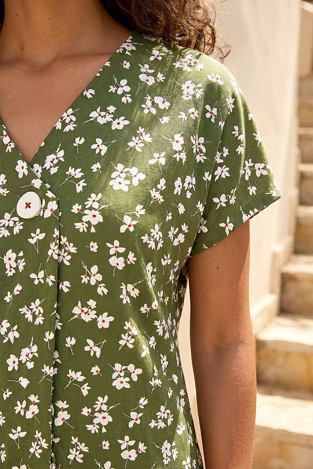 Khaki Floral Puff Print V-Neck Top, Image 5 of 4
