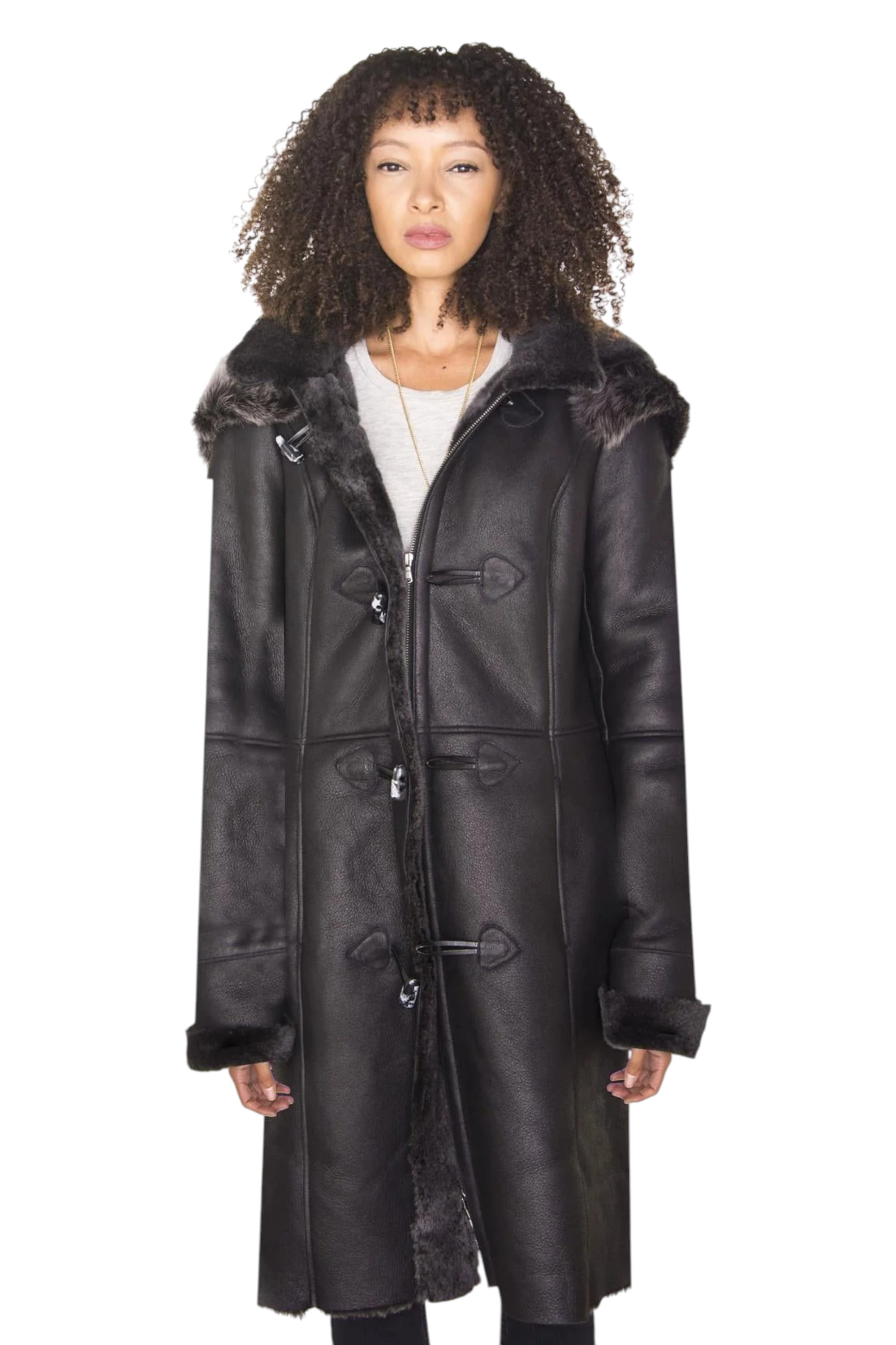 Black Womens Sheepskin Hooded Duffle Coat, Image 2 of 5