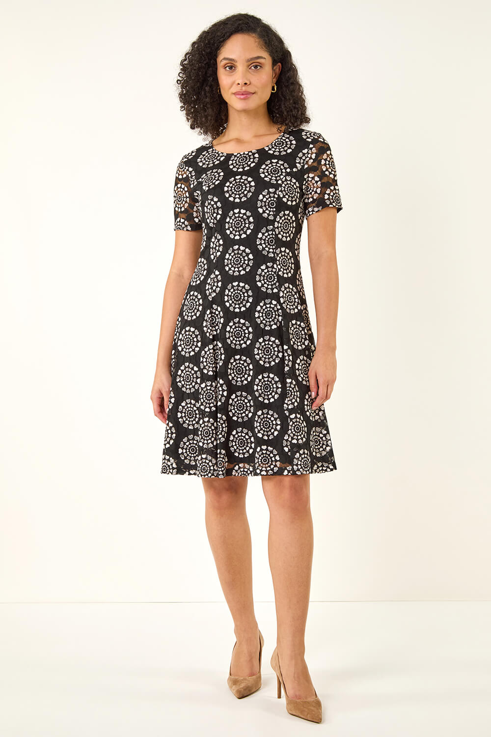 Roman Women's Black Heart Circle Lace Stretch Dress Size 18