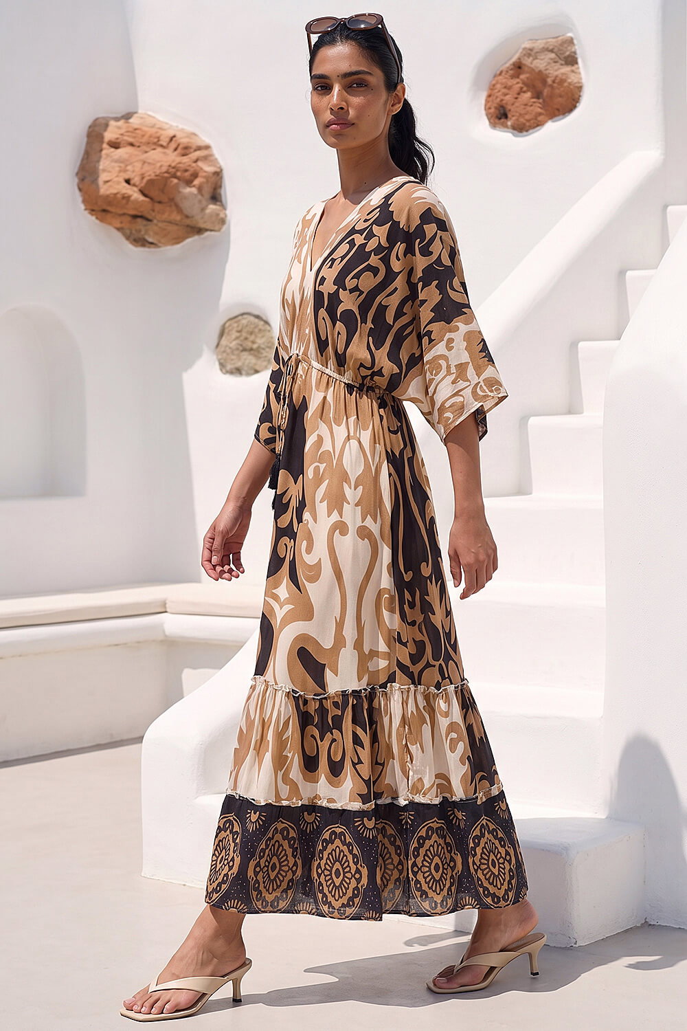Tan Boho Border Print Maxi Dress, Image 3 of 4