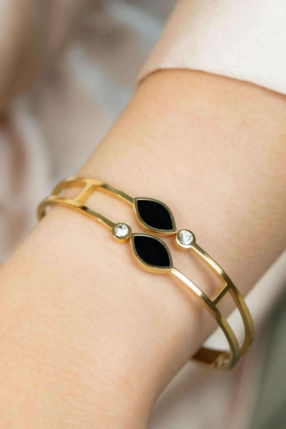 Gold Two Black Leaf Zircon Gold Lightweight Minimalist Stacking Bangle, Image 2 of 2