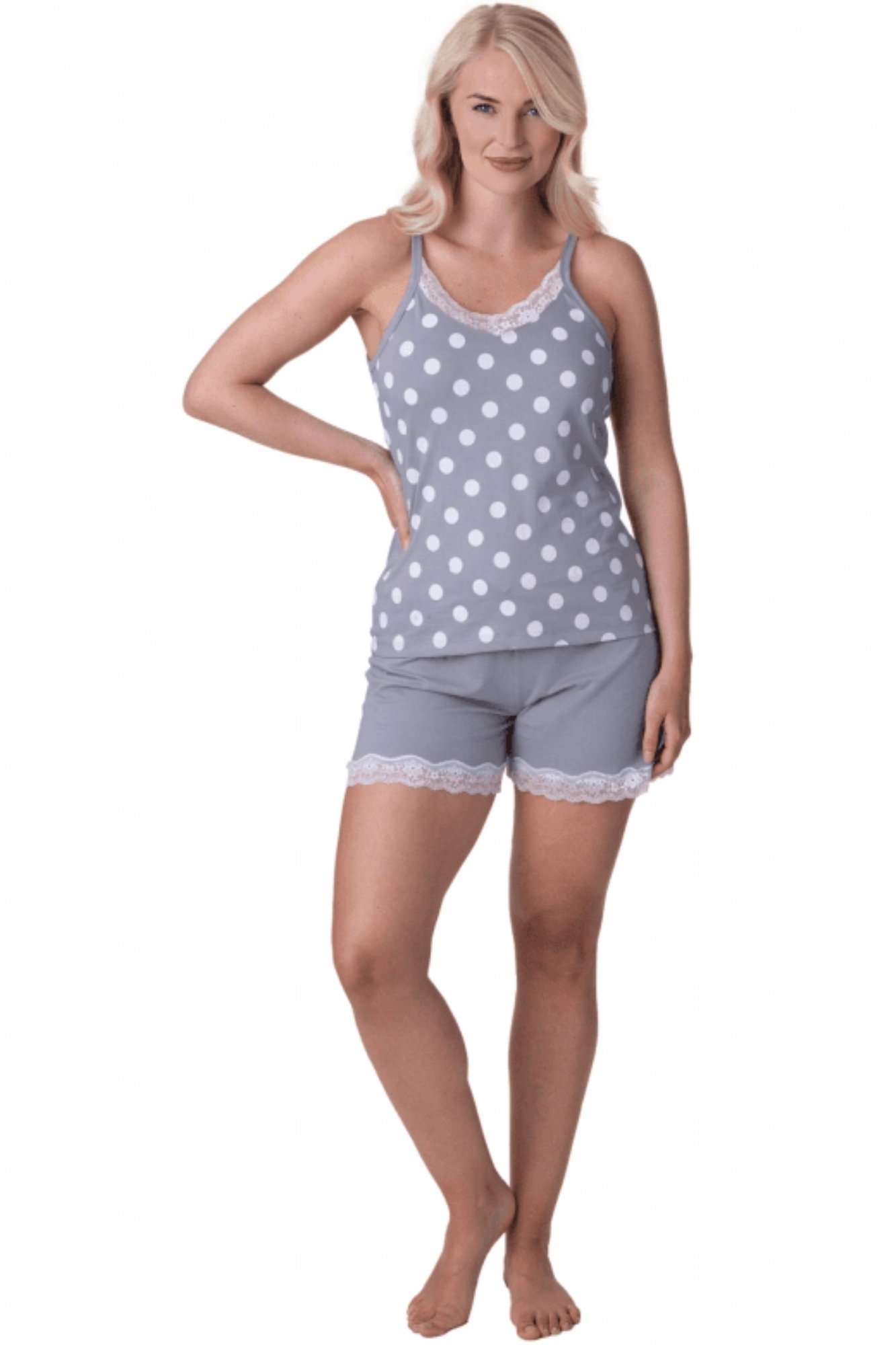Grey Camille Lingerie Grey 100% Cotton Spot Printed Sleeveless Top Pyjama, Image 1 of 5