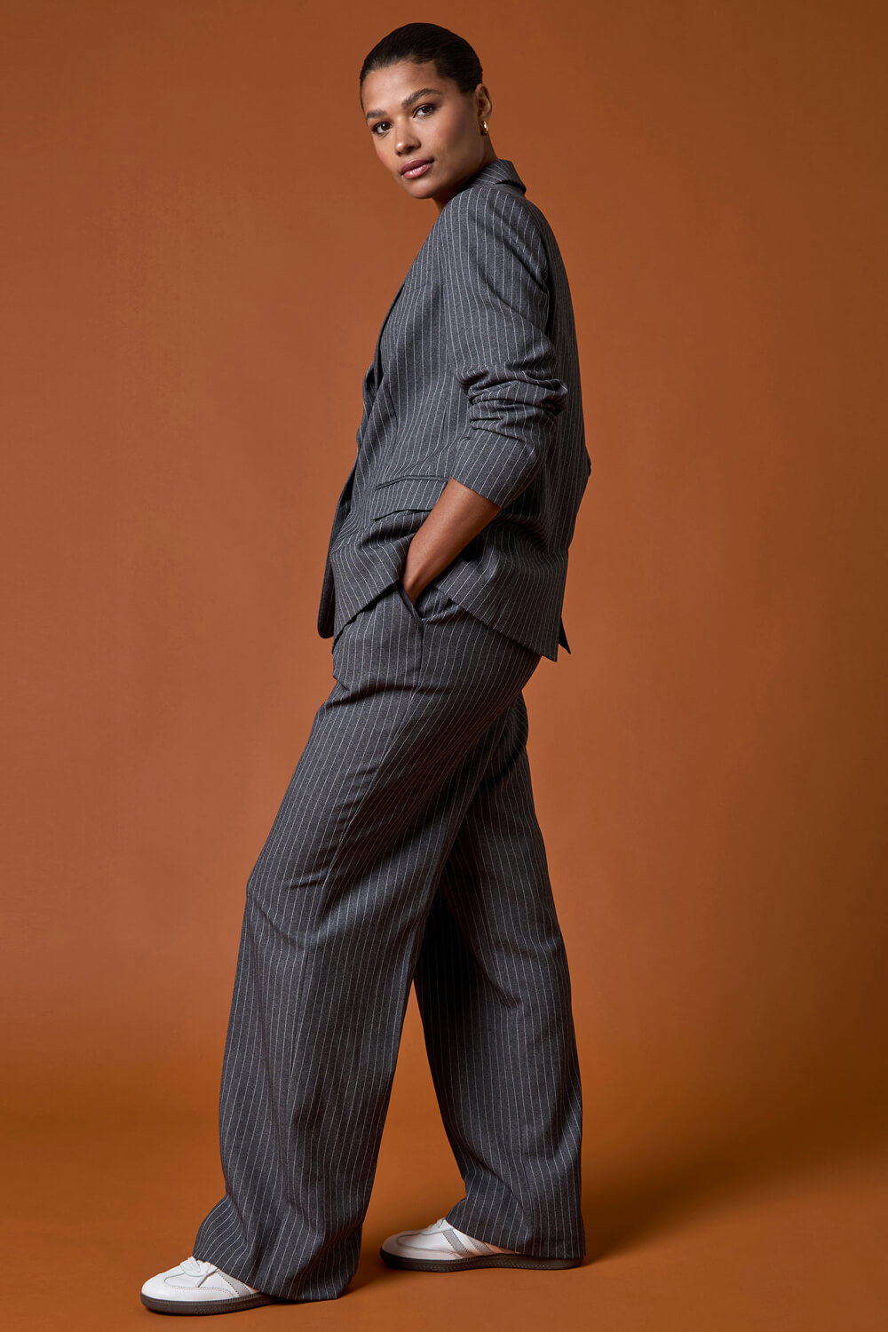 Grey Pinstripe Collared Blazer, Image 9 of 8