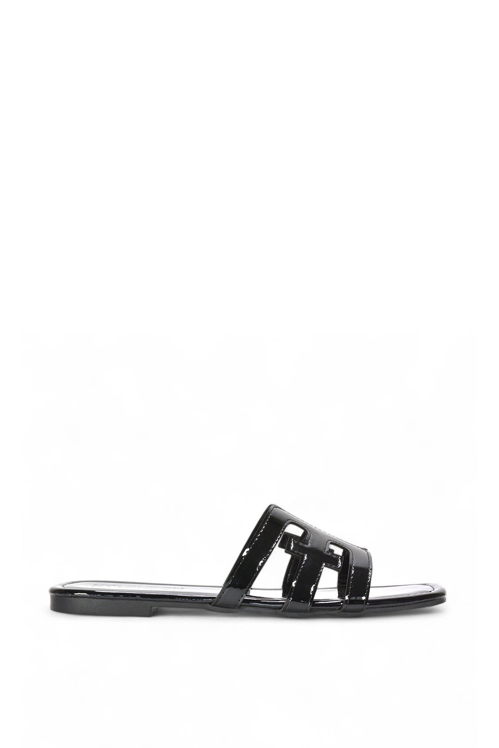 Black 'Ellie' Square Toe Cut Out Strap Flat Sandal Slides