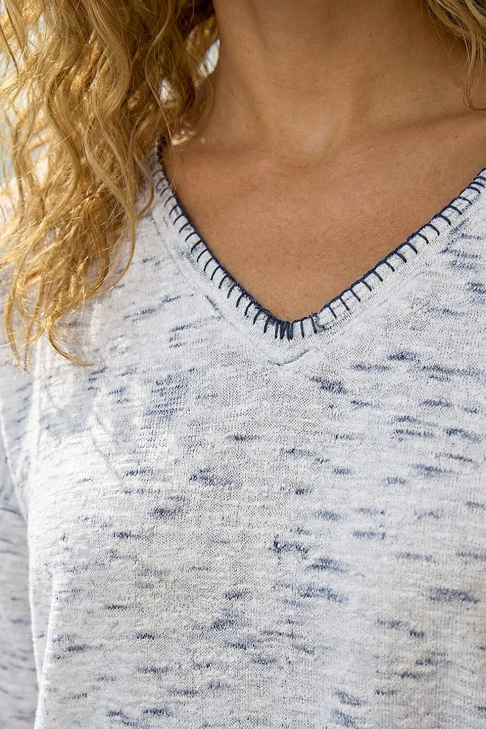 Blue Contrast Stitch V-Neck Top, Image 5 of 4