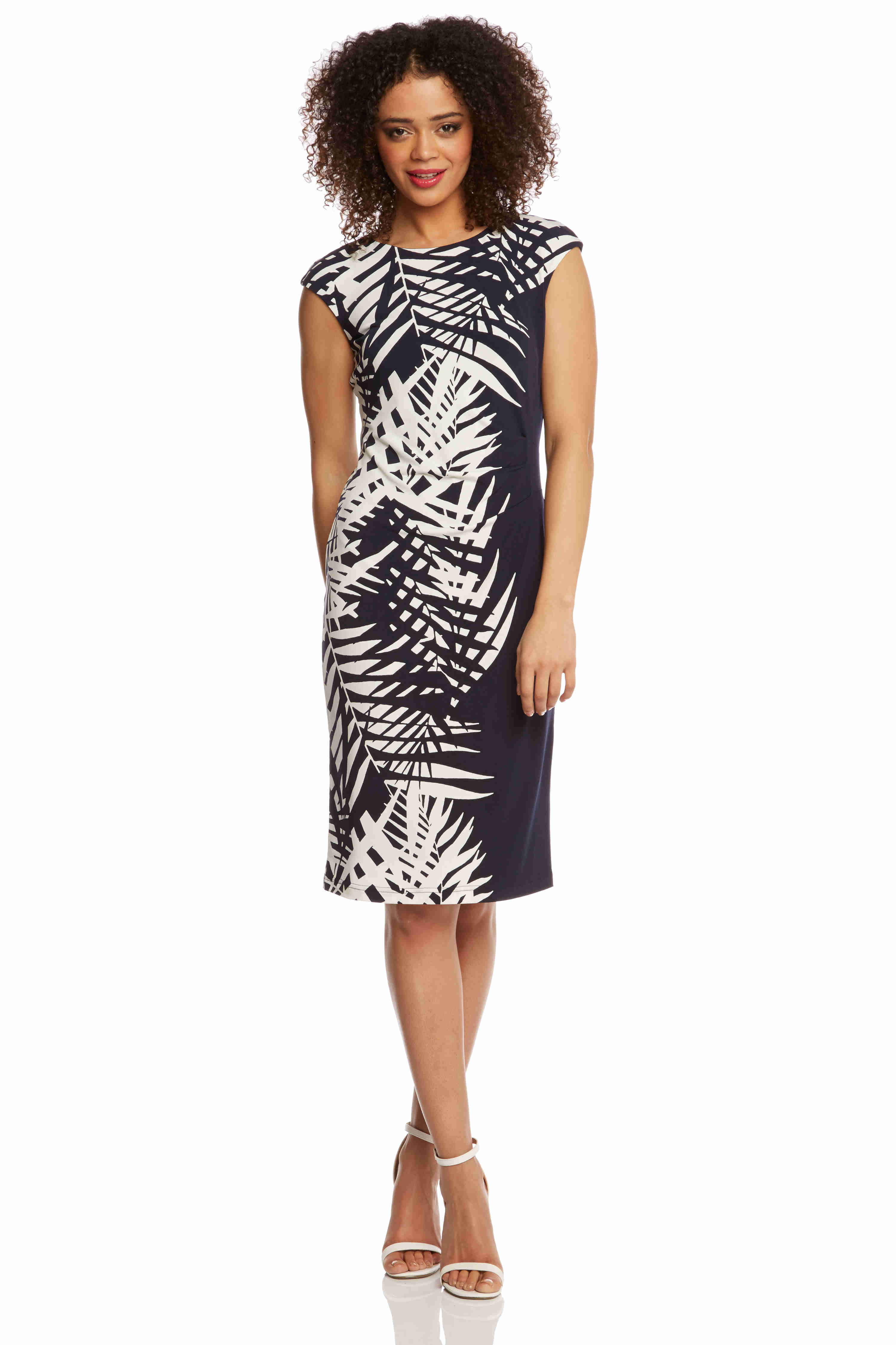 Navy Leaf Print Border Jersey Stretch Dress, Image 3 of 4