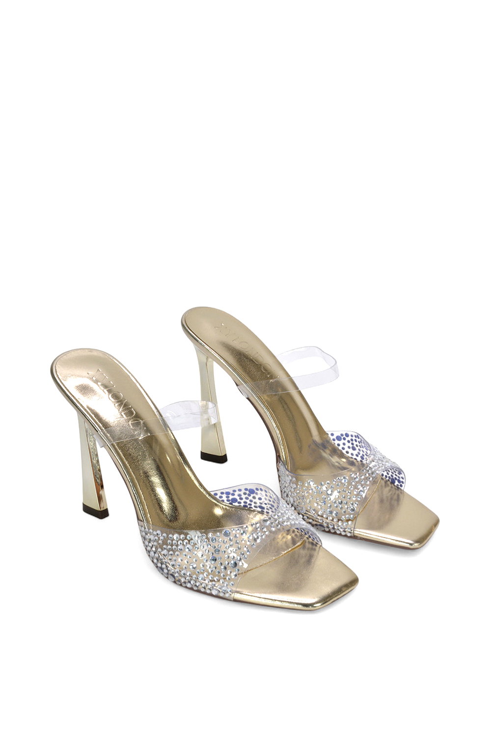 Gold XY LONDON Gold 'Lois' Square Open Toe Rhinestone Perspex High Heeled Mules, Image 5 of 5