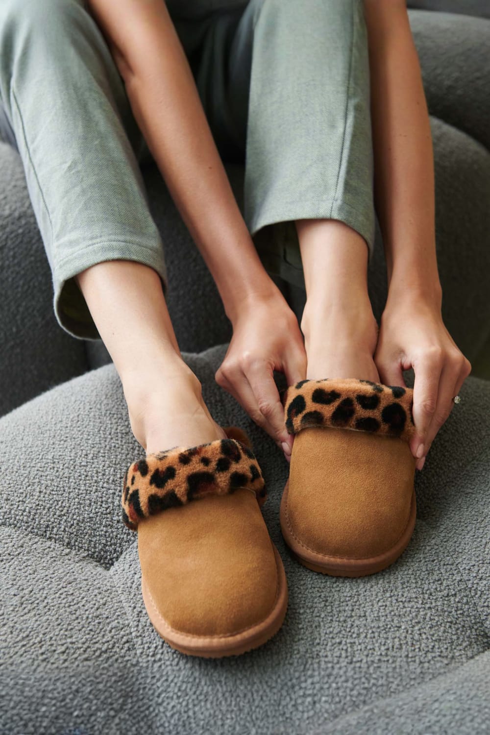 Brown "Bracken Leopard" Sheepskin And Suede Slippers