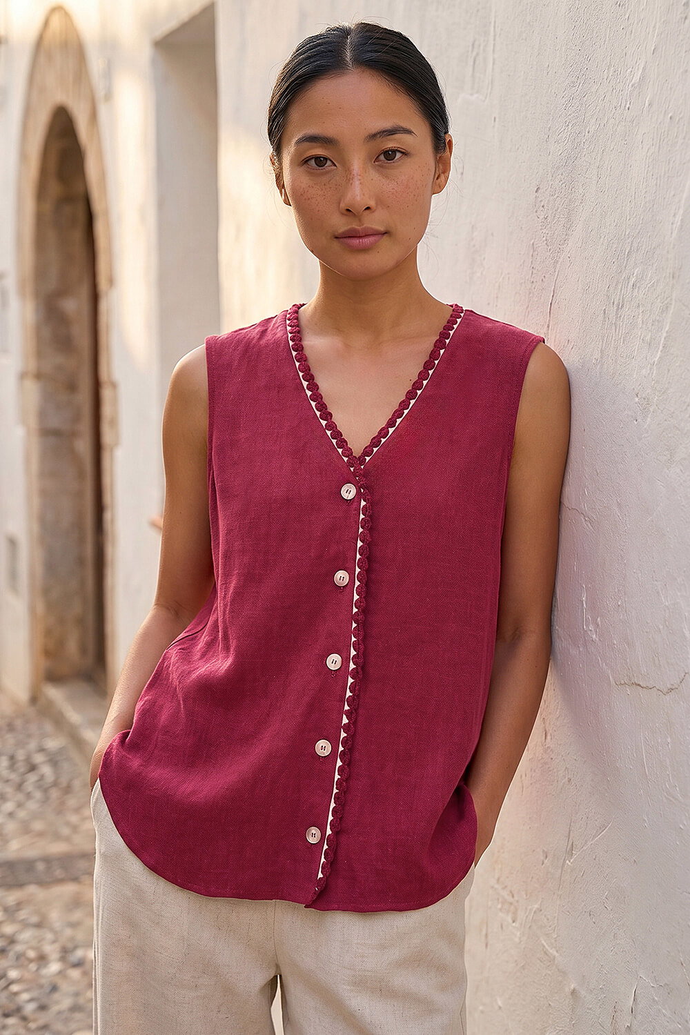 Wine Petite V-Neck Trim Detail Top, Image 1 of 4