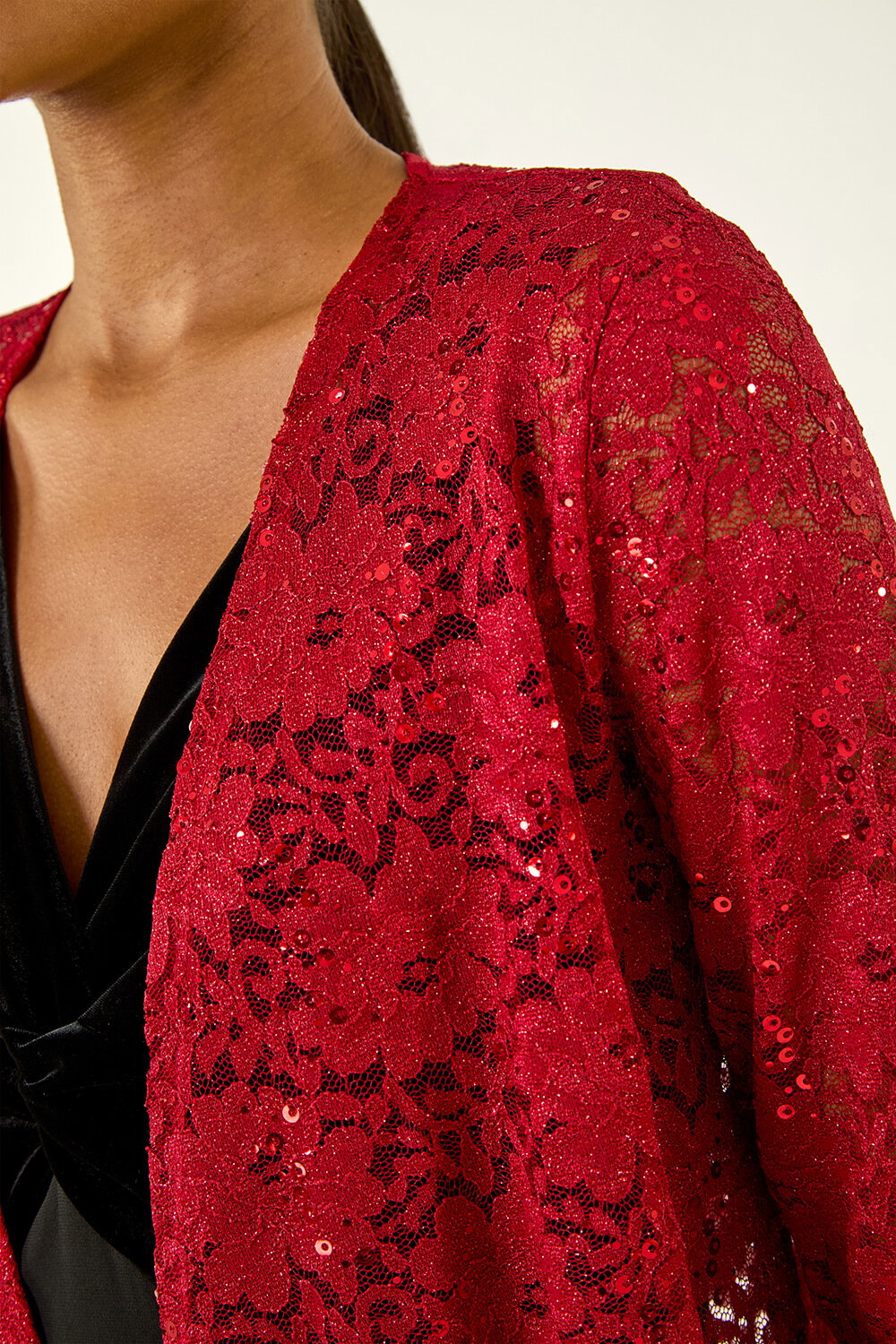 Red Glitter Sequin Lace Top | Roman UK