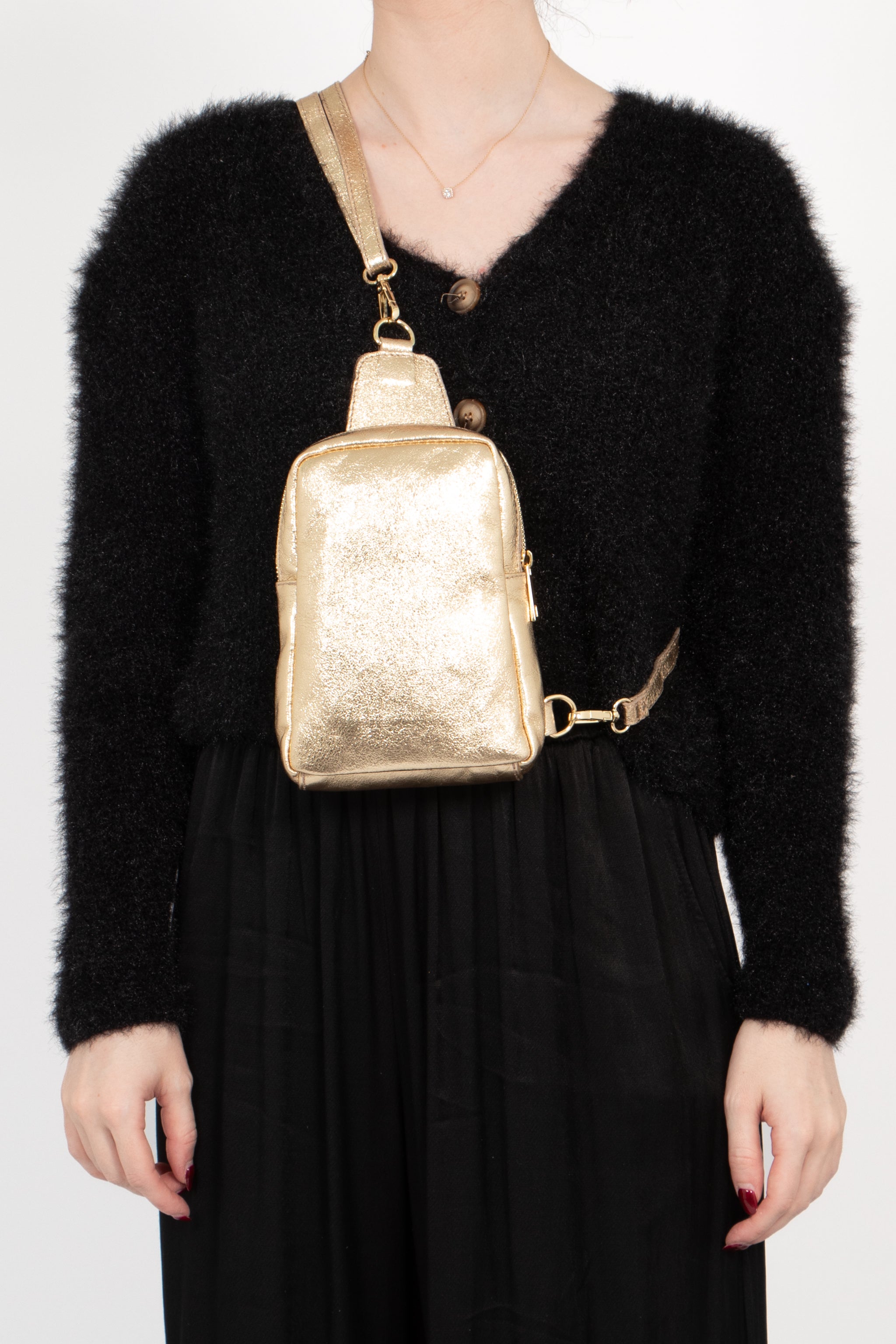 Gold Metallic Leather Crossbody Sling Bag, Image 3 of 3