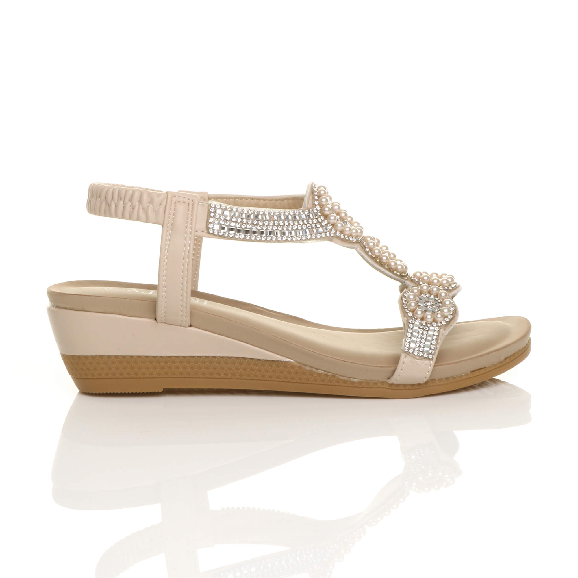 Beige AJVANI Beige Mid Wedge Diamante Slingback Sandals, Image 2 of 6