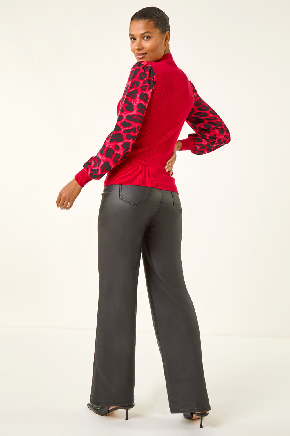 Red Animal Print Mesh Sleeve Knit, Image 4 of 5