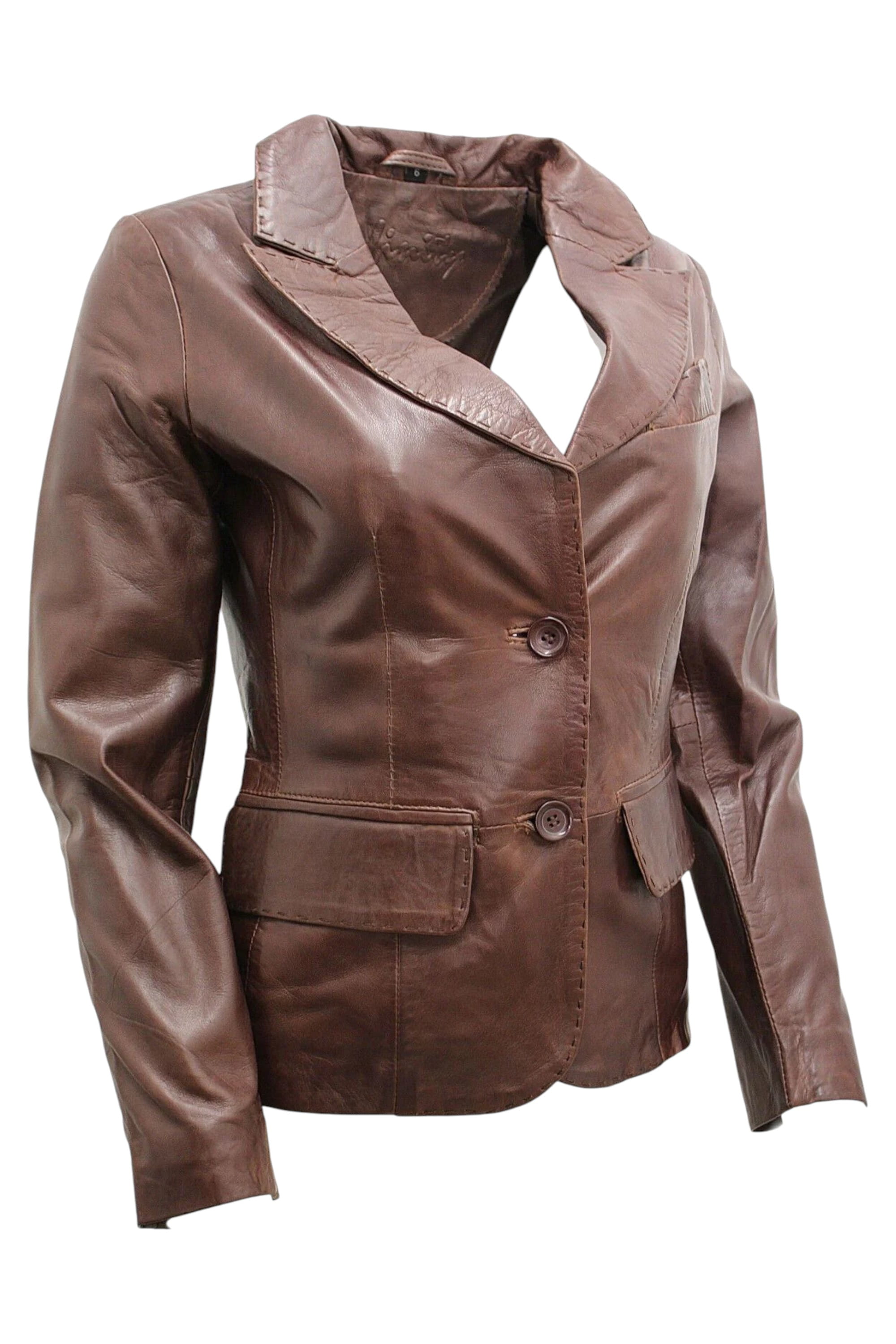 Brown Womens 2 Button Leather Blazer Jacket, Image 2 of 3