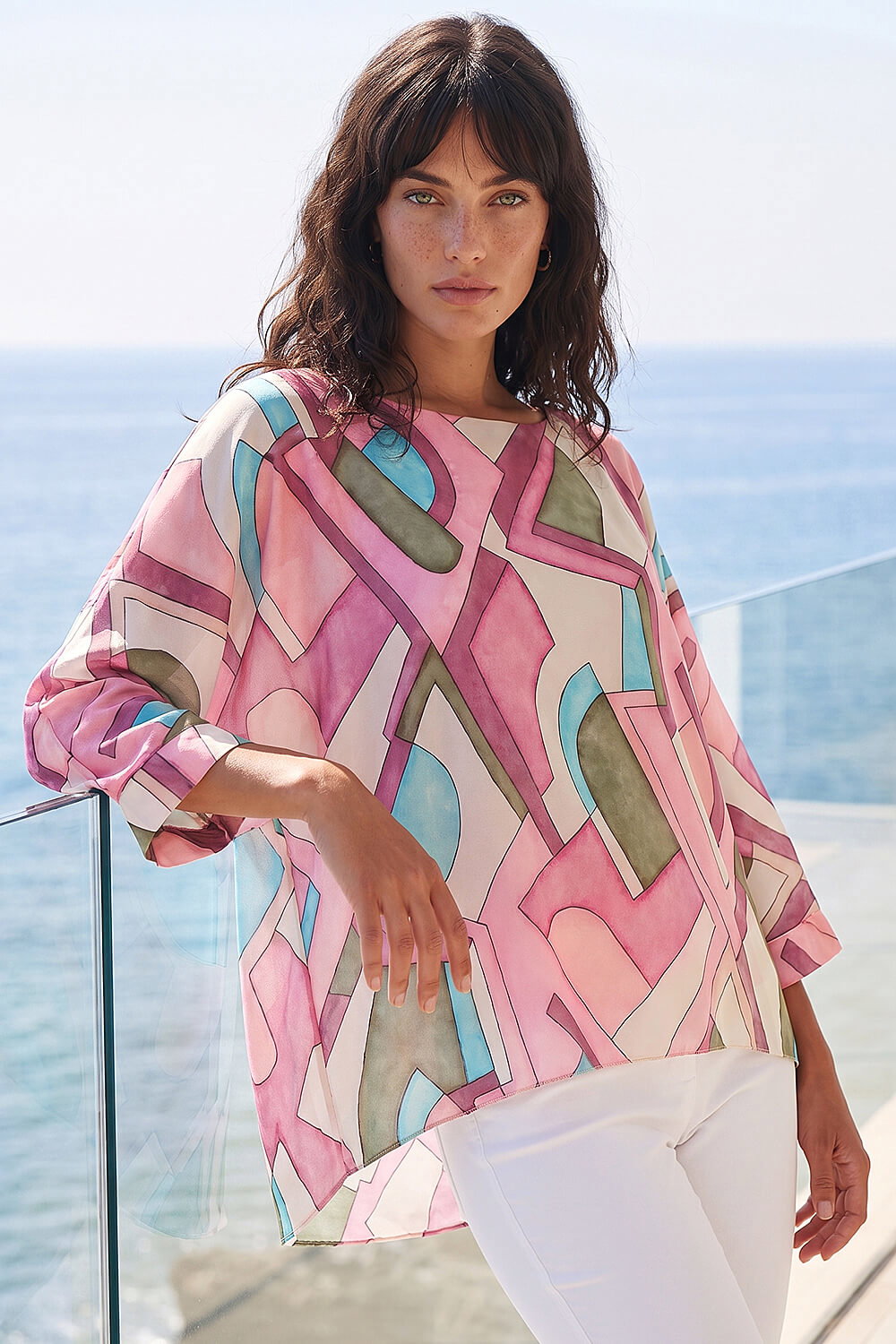 Roman Women's Pink Abstract Print Overlay Tunic Top Small