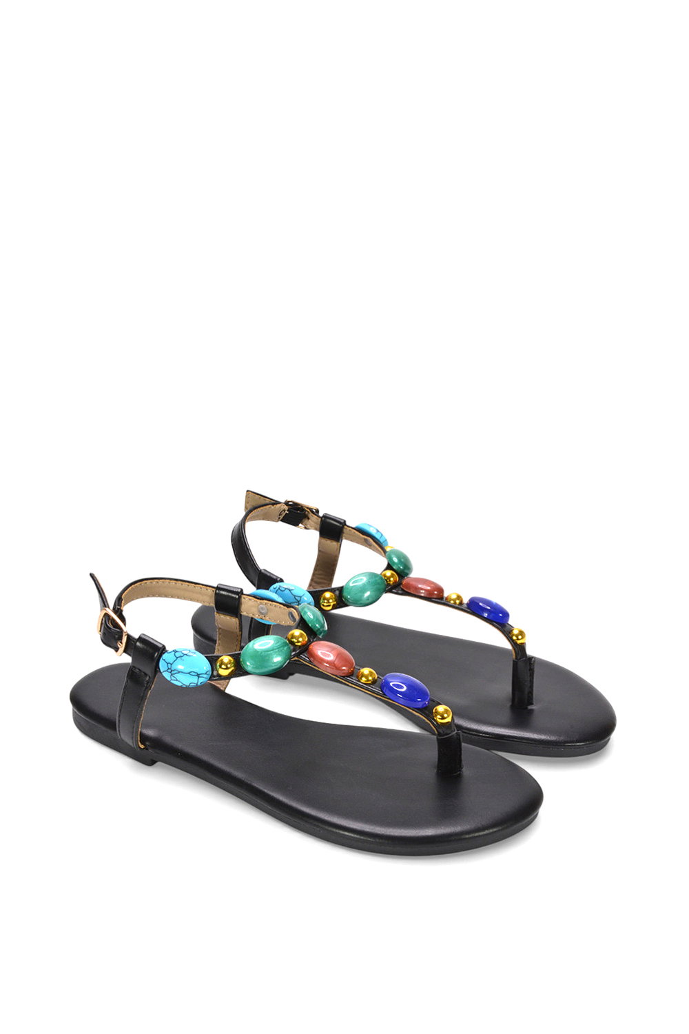 Black XY LONDON Black 'Sylva' Embellished Jewel Stone Flat T-Bar Sandals, Image 5 of 6