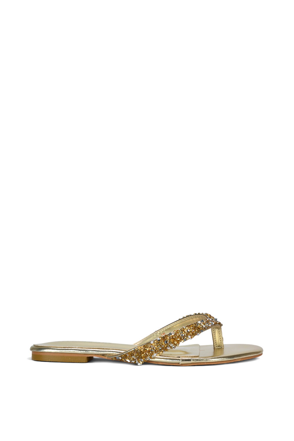 Gold XY LONDON Gold 'Veda' Flat Flip Flop Sandals With Jewel Details, Image 1 of 7