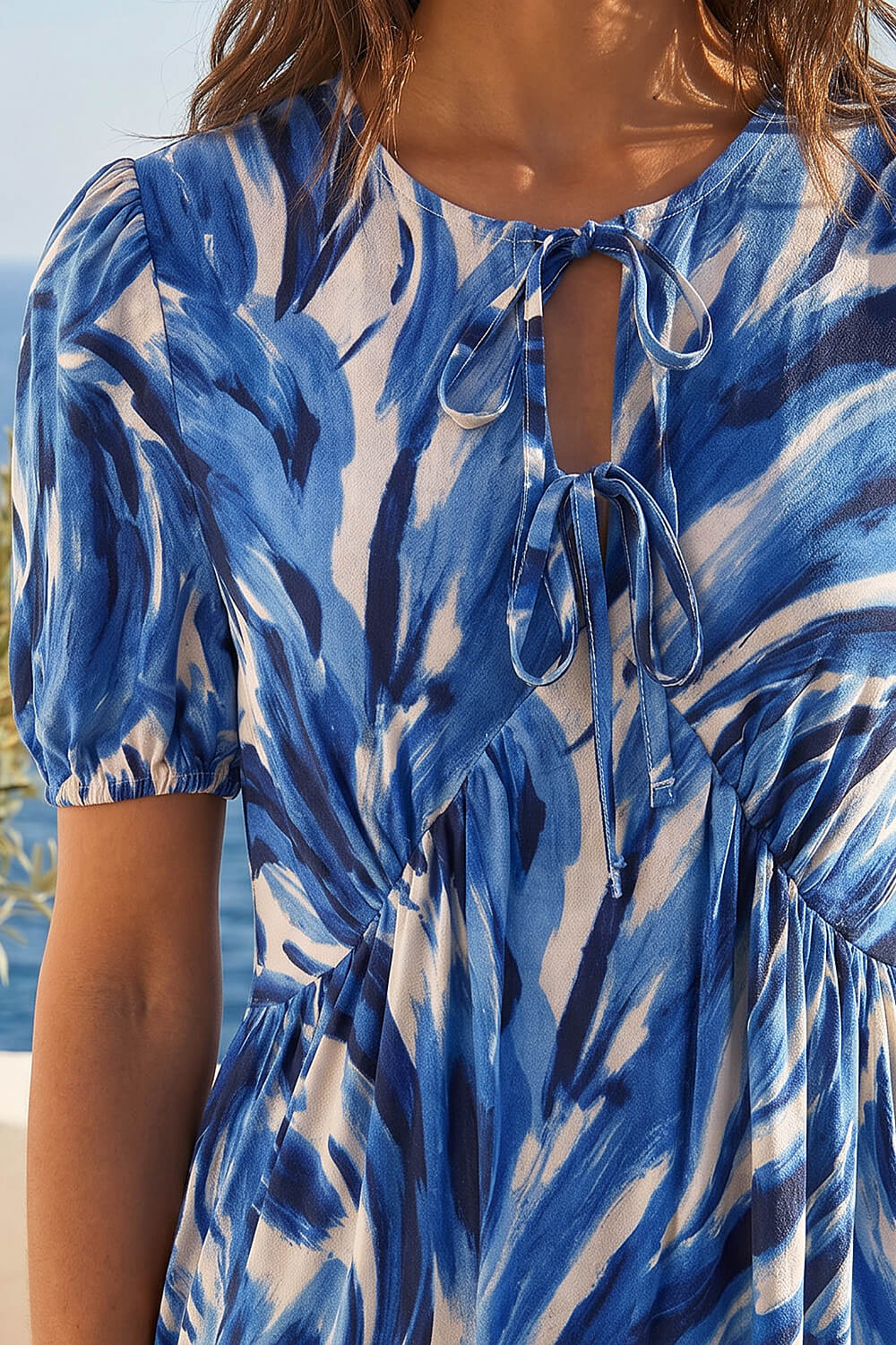 Blue Abstract Print Tie Front Smock Dress, Image 5 of 4